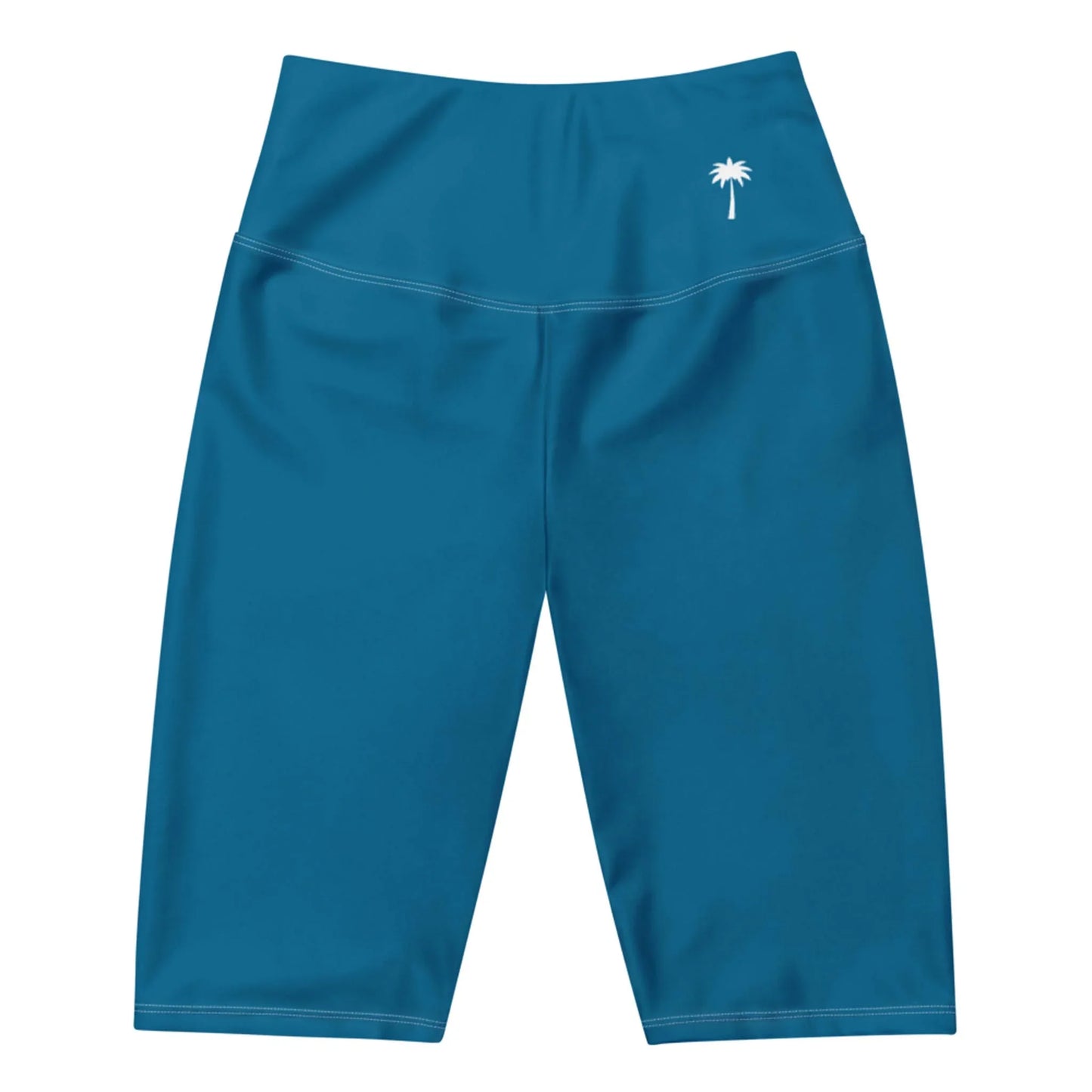 Blue knee-length athletic shorts with a high waistband and a small white palm tree graphic near the waistband on the left side, featuring Mambí style. The shorts are displayed on a plain white background.