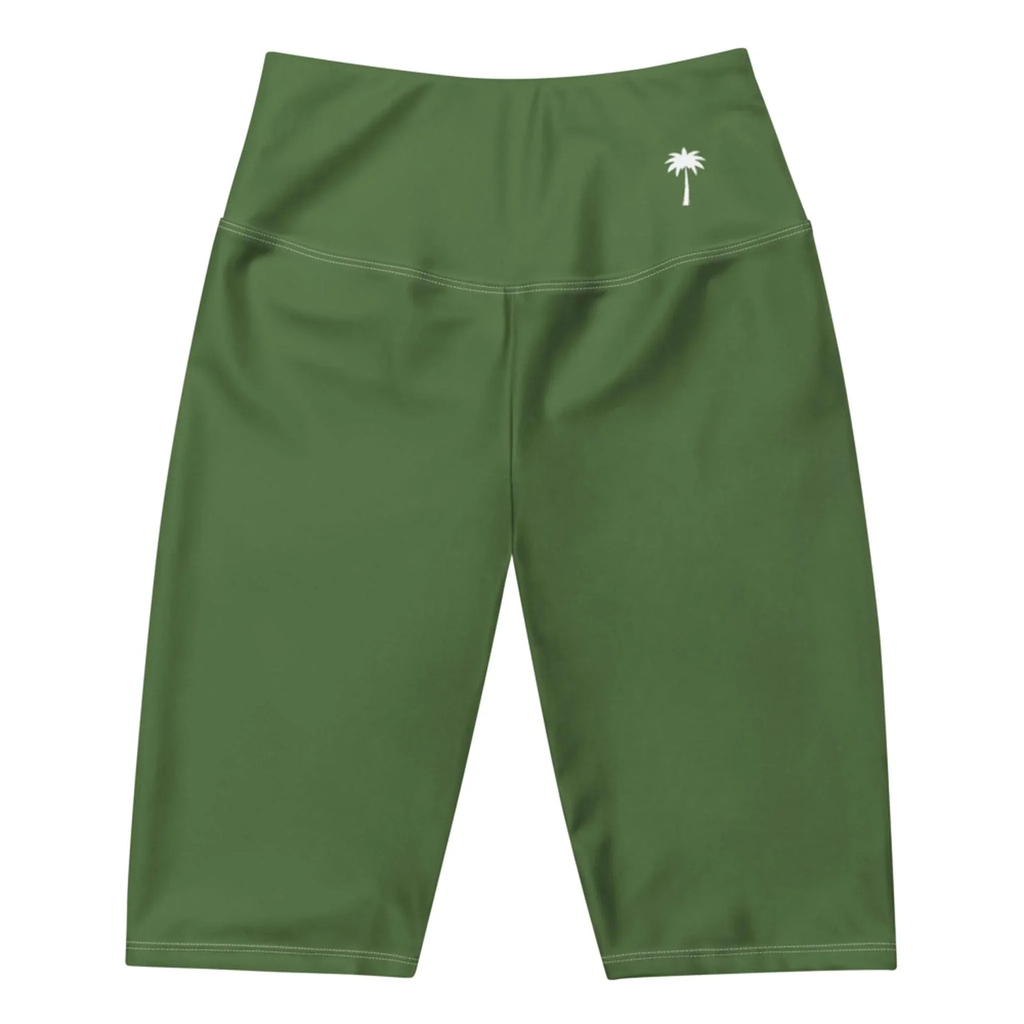 Green high-waisted athletic shorts with a small white palm tree graphic on the left hip and a smooth finish, featuring Mambí style. The shorts reach just above the knee.