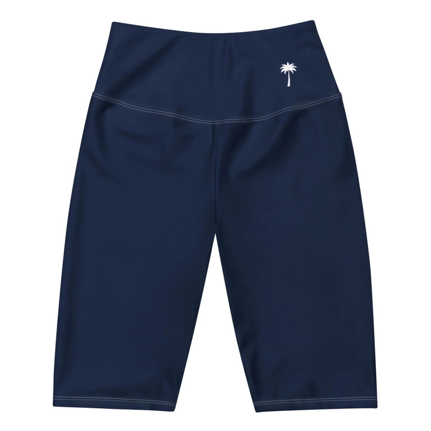 Navy blue knee-length athletic shorts with a high waistband and a small white palm tree logo near the left hip. The Mambí shorts are laid flat on a white background.
