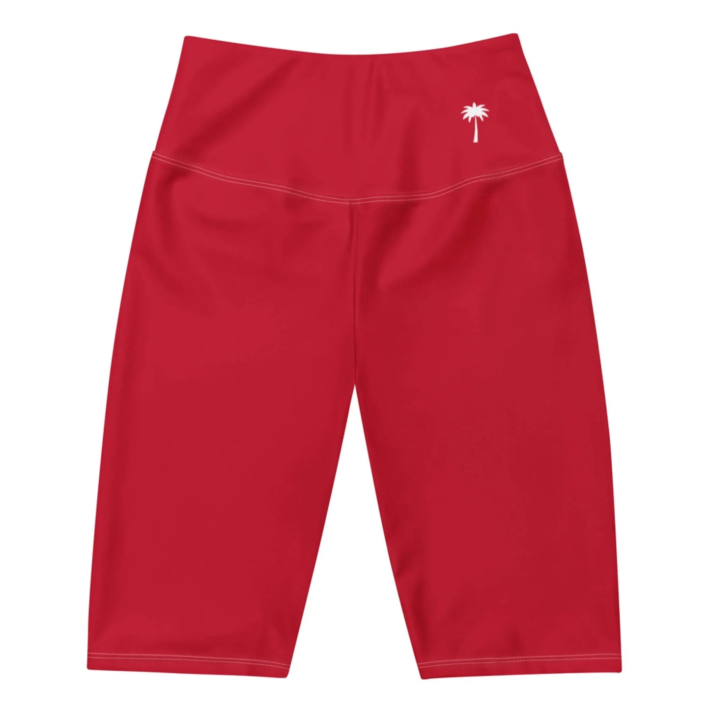 Red knee-length athletic shorts with a high waistband and a small white palm tree graphic on the left hip. The Mambí-inspired design is displayed flat against a white background.
