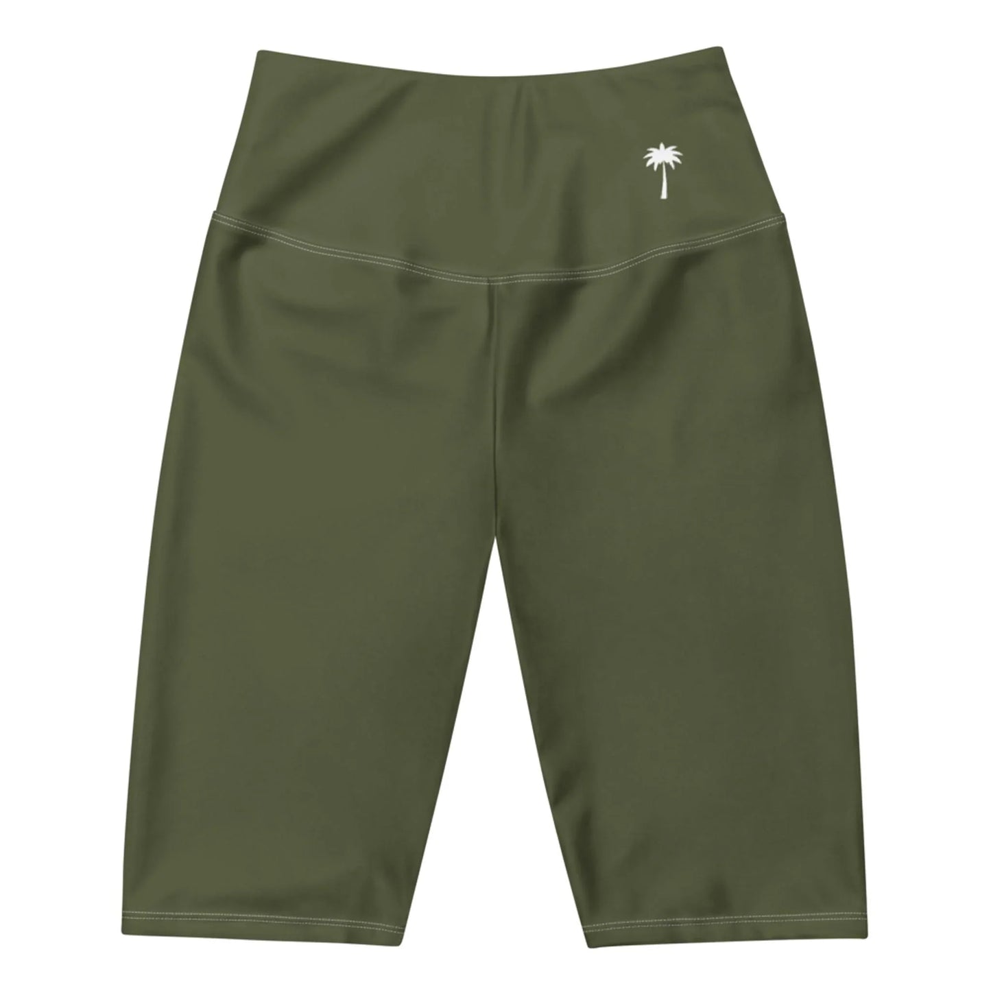 Army green high-waisted biker shorts with a small white palm tree graphic on the left hip, featuring the signature Mambí touch, laying flat on a white background.