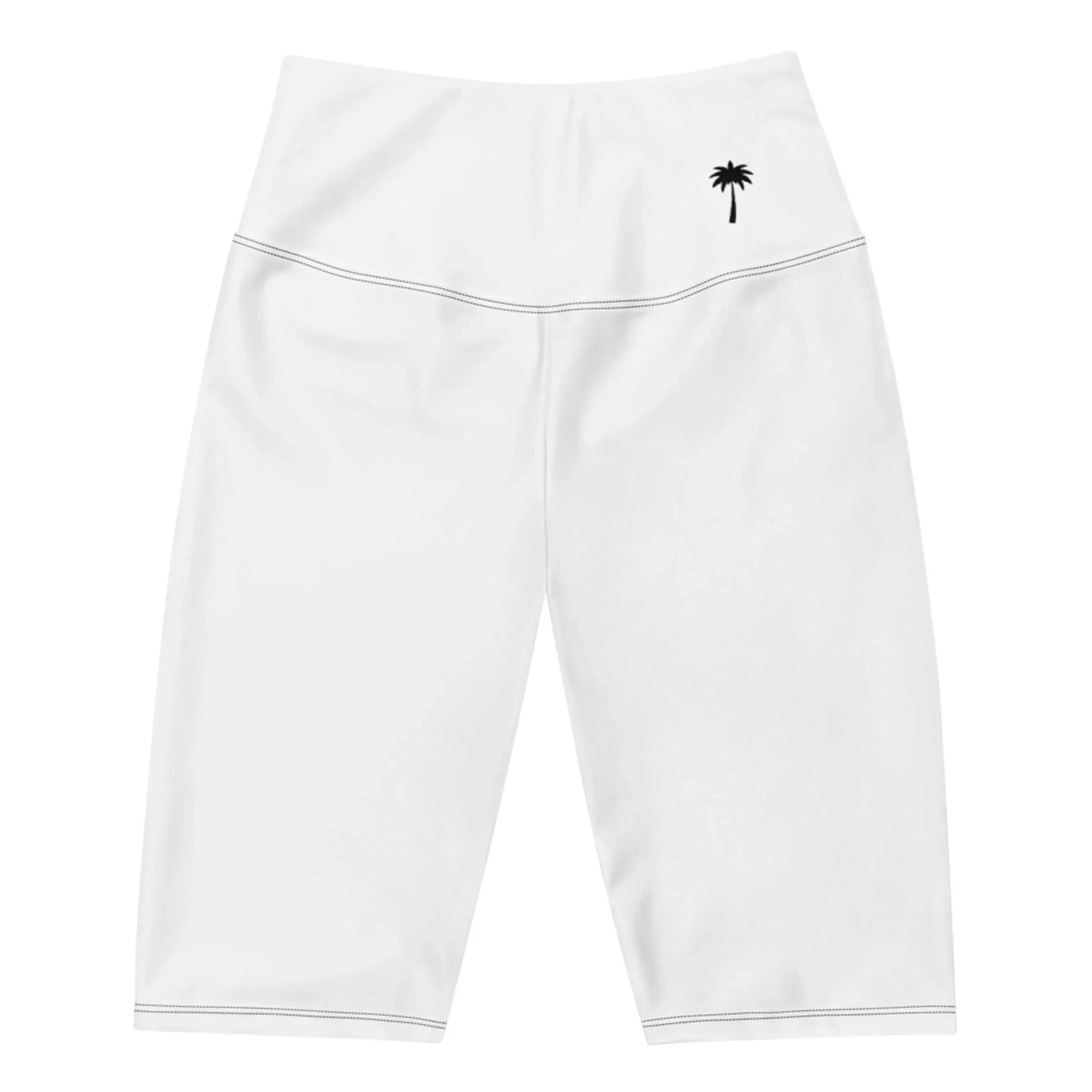 White high-waisted biker shorts with a small black palm tree graphic on the left hip. Featuring visible stitching and a smooth, fitted Mambí-inspired appearance.