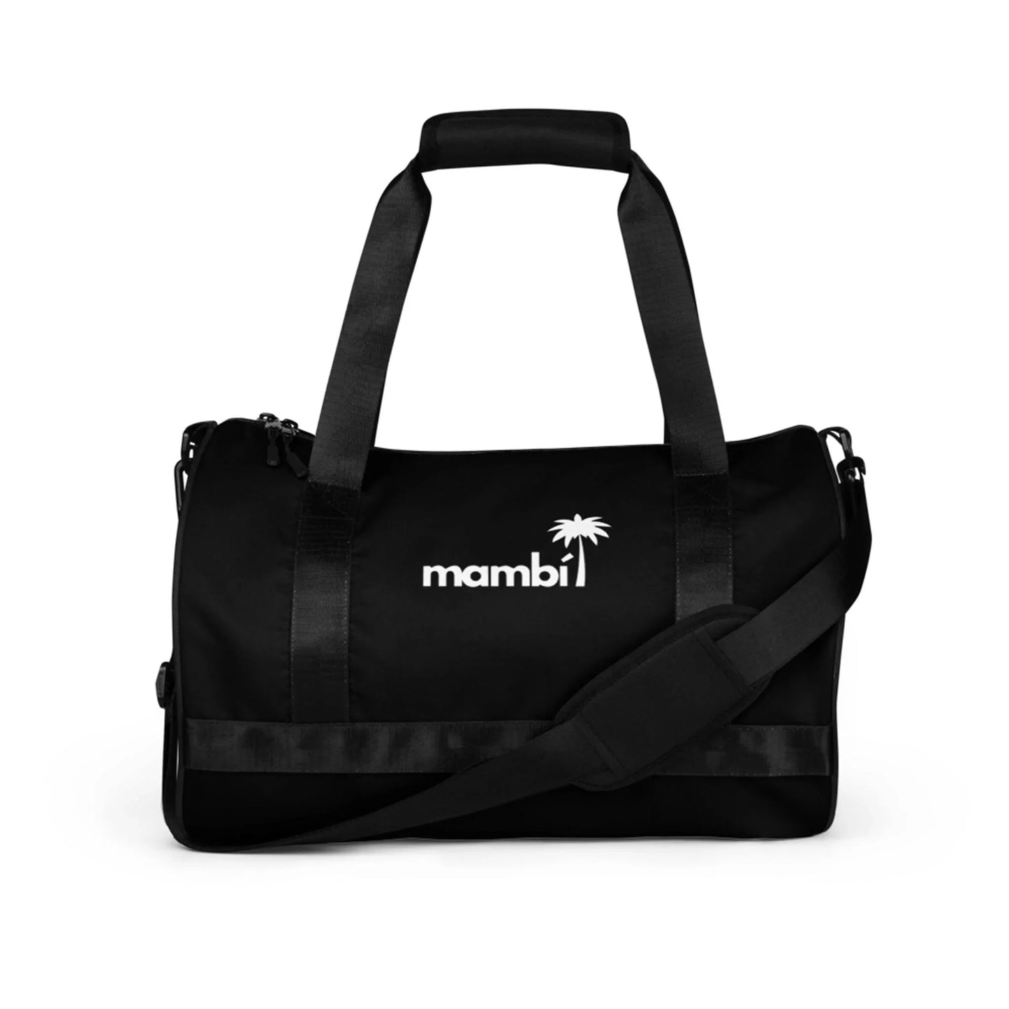A black duffel bag with dual handles and an adjustable shoulder strap, featuring the word Mambí and a palm tree logo in white on the front against a plain white background.