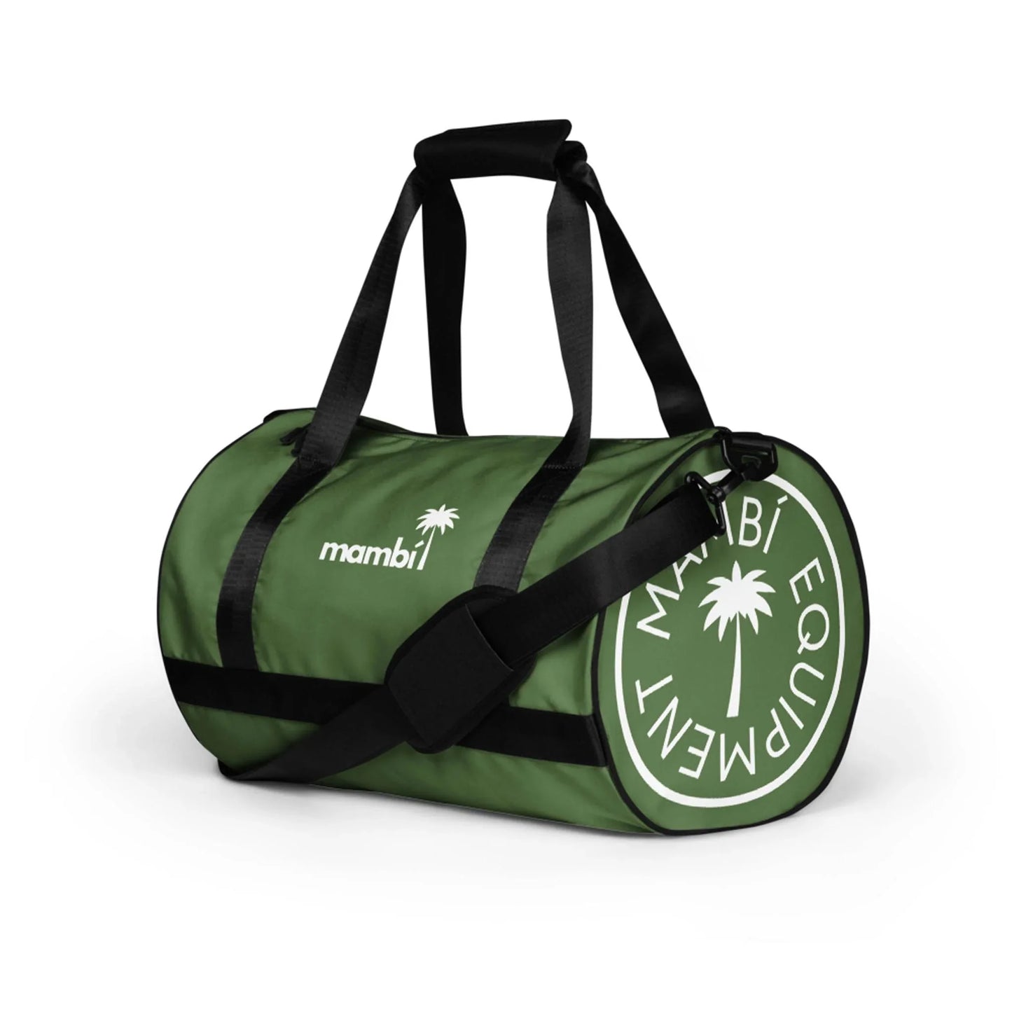 A green duffel bag with black straps and handles, featuring a white palm tree logo and the word Mambí on the side, plus a circular MAMBÍ EQUIPMENT design on the end panel.