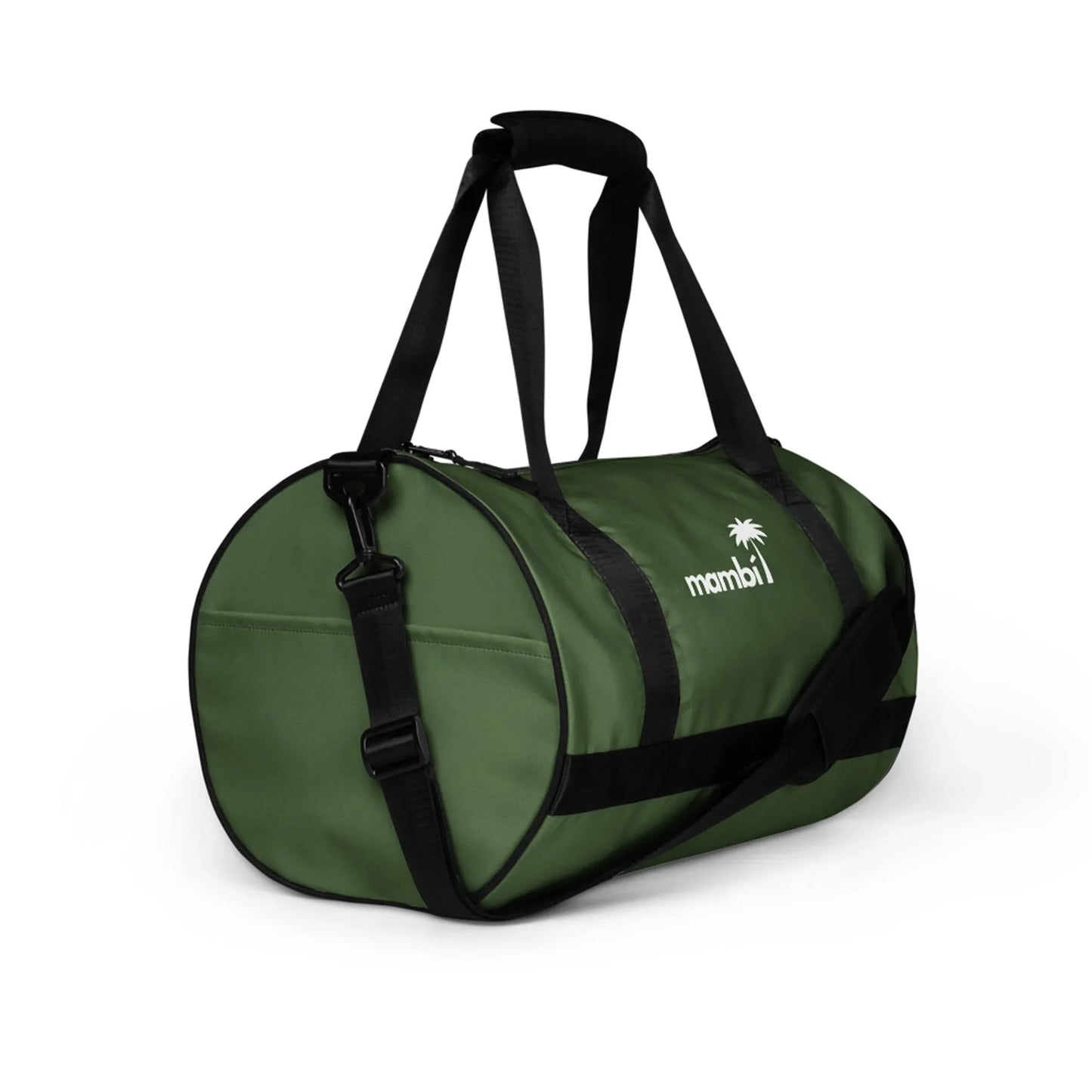 A green cylindrical duffel bag with black straps and handles, featuring a white palm tree logo and the word Mambí on the side, is displayed on a white background.