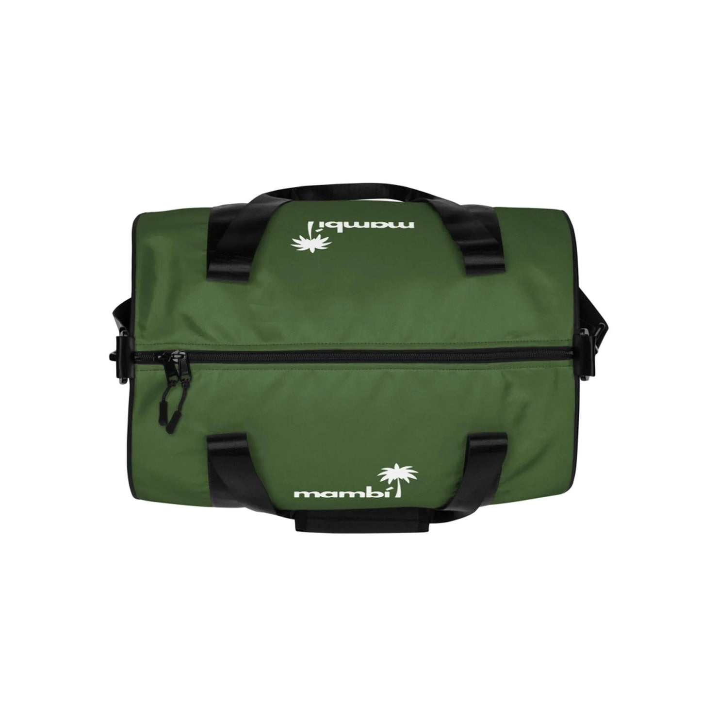 A green Mambí duffel bag with black straps and zipper, featuring a white palm tree logo and the word mambí printed on the top and side, photographed on a white background.