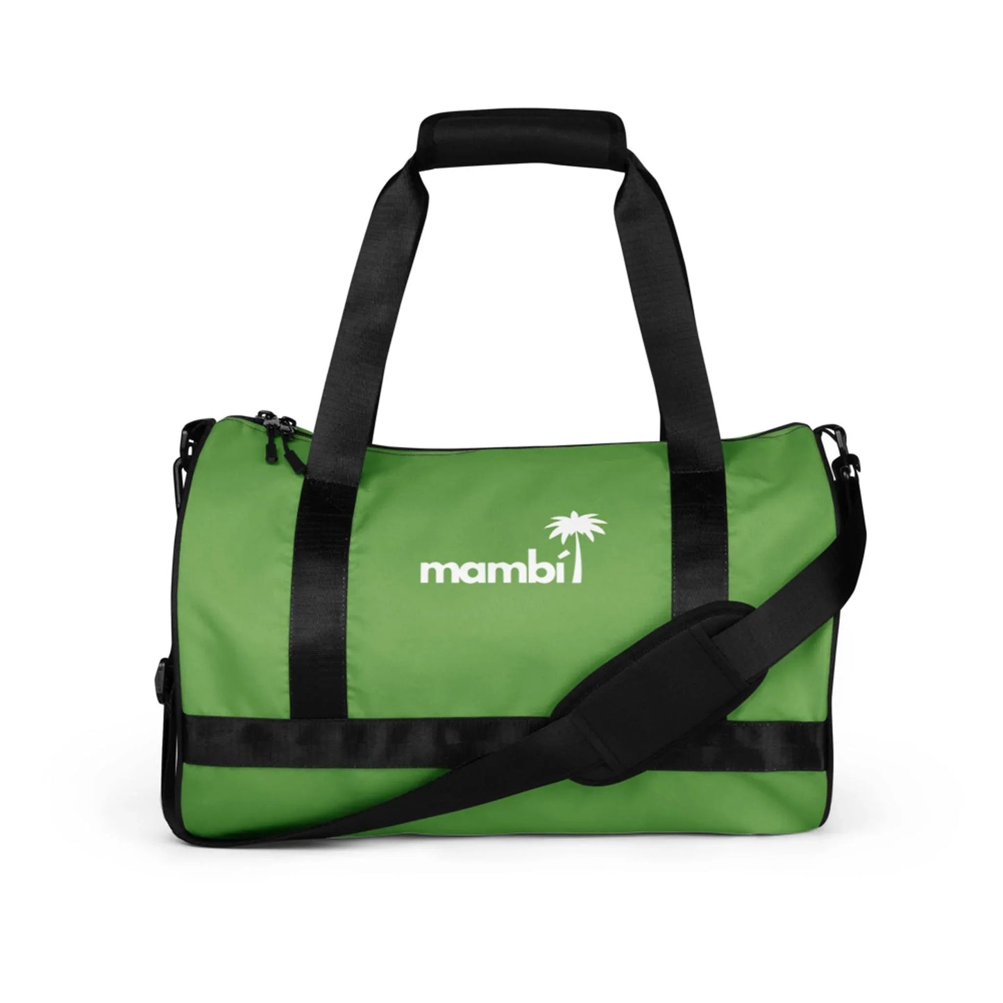 A green duffel bag with black handles and an adjustable black shoulder strap. The front displays Mambí and a small palm tree graphic in white.