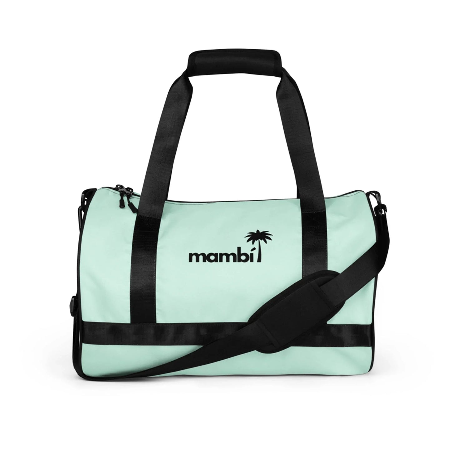 A light mint green Mambí duffel bag with black handles, an adjustable shoulder strap, and black accents. The word Mambí and a small palm tree graphic are printed in black on the front.
