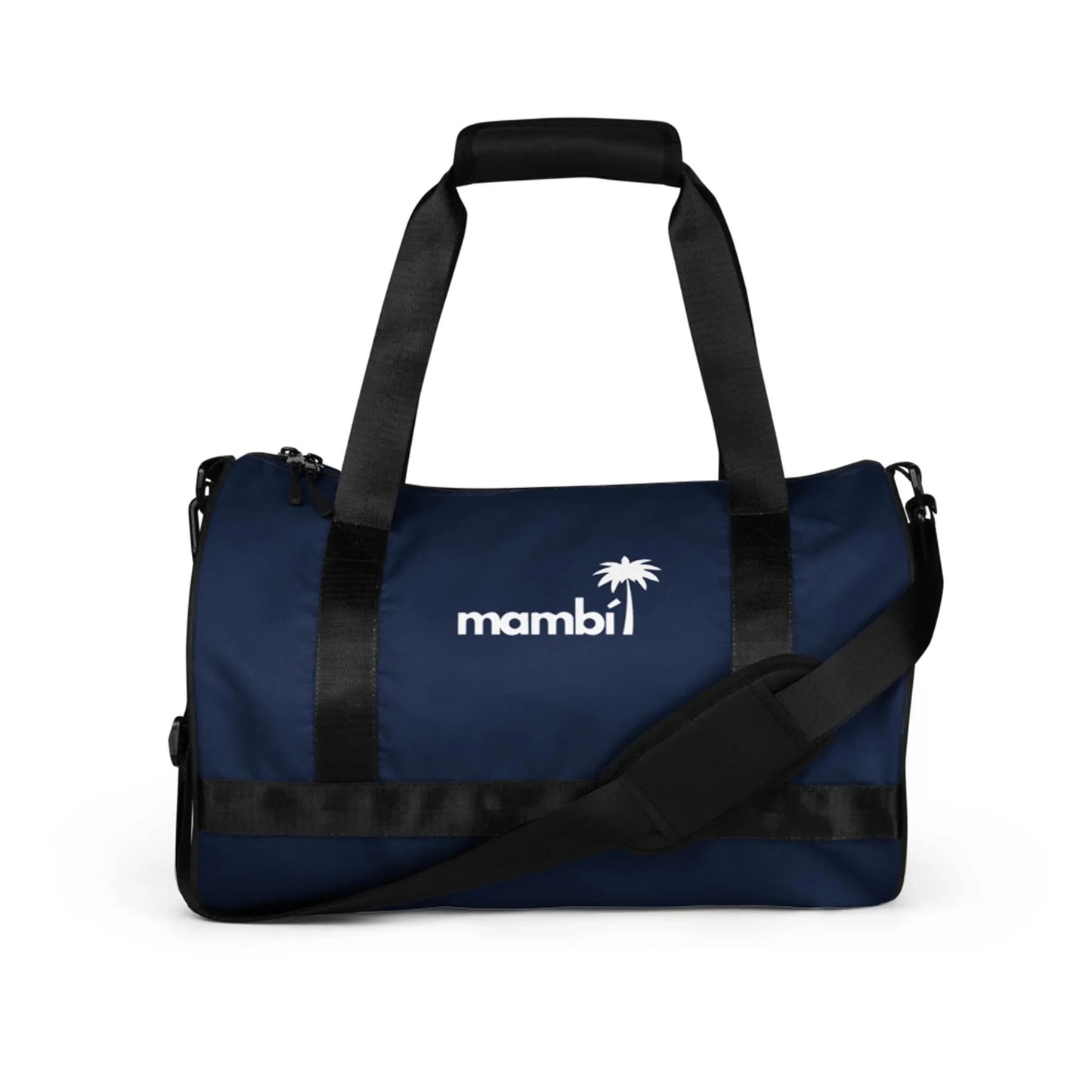 A navy blue duffel bag with black straps, a padded shoulder strap, and Mambí text alongside a palm tree graphic printed in white on the front.