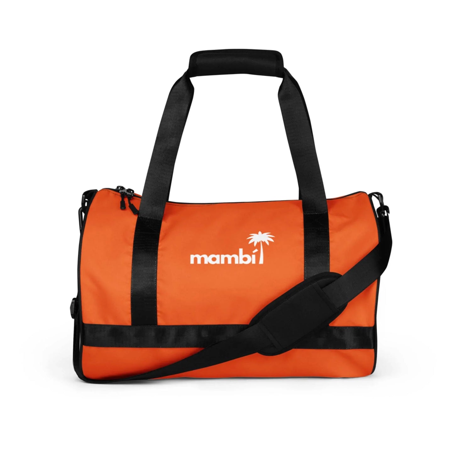 An orange duffel bag with black handles, a black shoulder strap, and the word Mambí with a palm tree logo printed in white on the front.