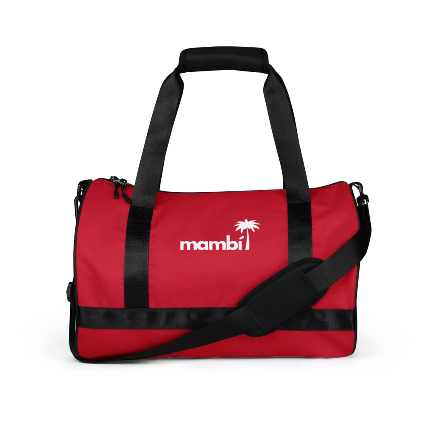 A red Mambí duffel bag with black handles and a shoulder strap, featuring the white Mambí logo and a palm tree graphic on the front, set against a plain white background.