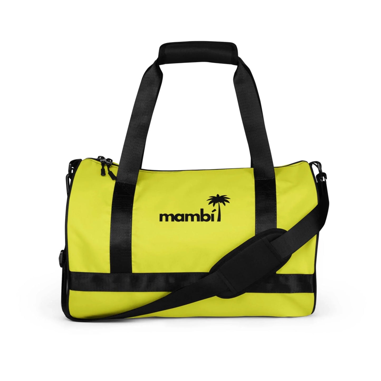 A bright yellow duffel bag with black handles and a shoulder strap. The bag features the word Mambí and a small palm tree logo in black on the front.