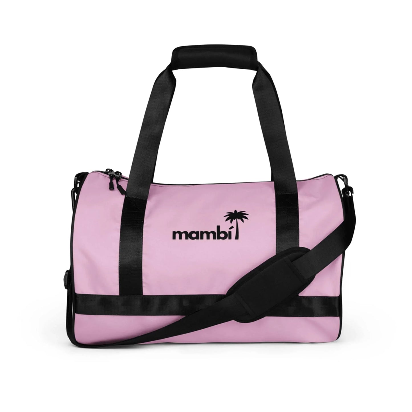A pink duffel bag with black handles, a black adjustable shoulder strap, and black trim. The word Mambí and a palm tree logo are printed in black on the front center of the bag.