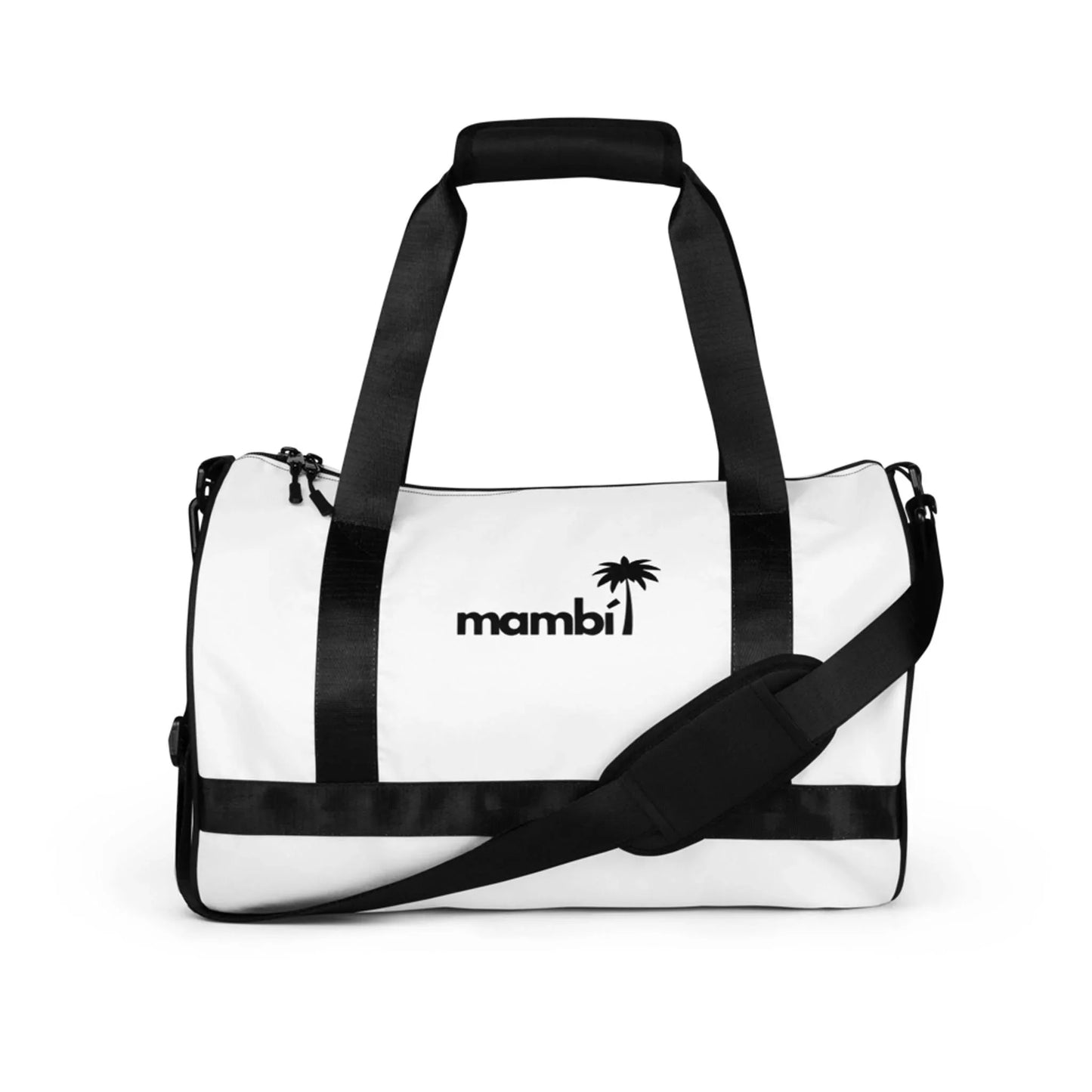 A white duffel bag with black straps and a black shoulder strap. The bag features the word Mambí and a palm tree logo printed in black on the front.