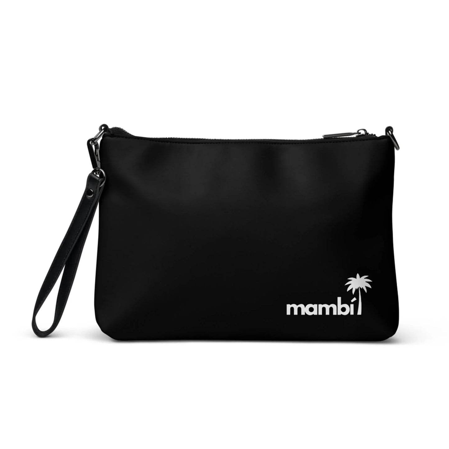 The Blake Crossbody Bag by Printful is a black faux leather wristlet with a zipper, detachable strap, and features mambi plus a small white palm tree graphic in the bottom right corner.