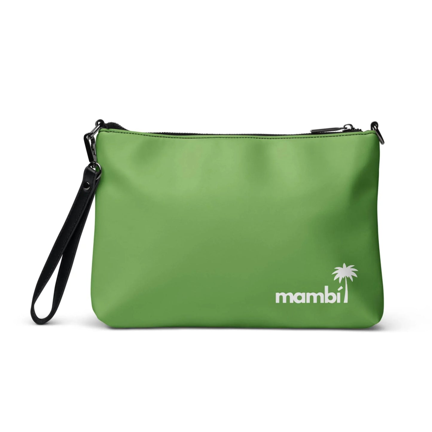 The Blake Crossbody Bag by Printful is a green faux leather pouch with a black wrist strap and zipper, featuring mambi and a small white palm tree graphic in the bottom right corner.
