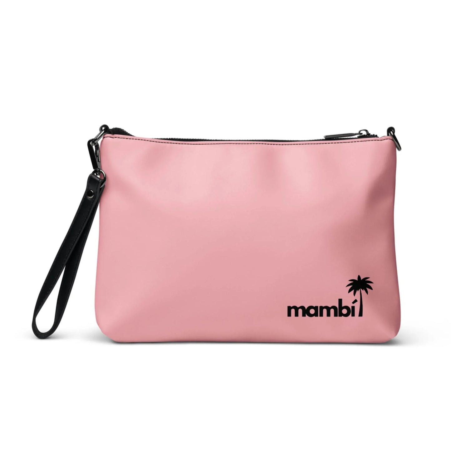 The Blake Crossbody Bag by Printful is a pink faux leather clutch with a black wrist strap, zipper, black palm tree logo, and mambi printed in the lower right corner.