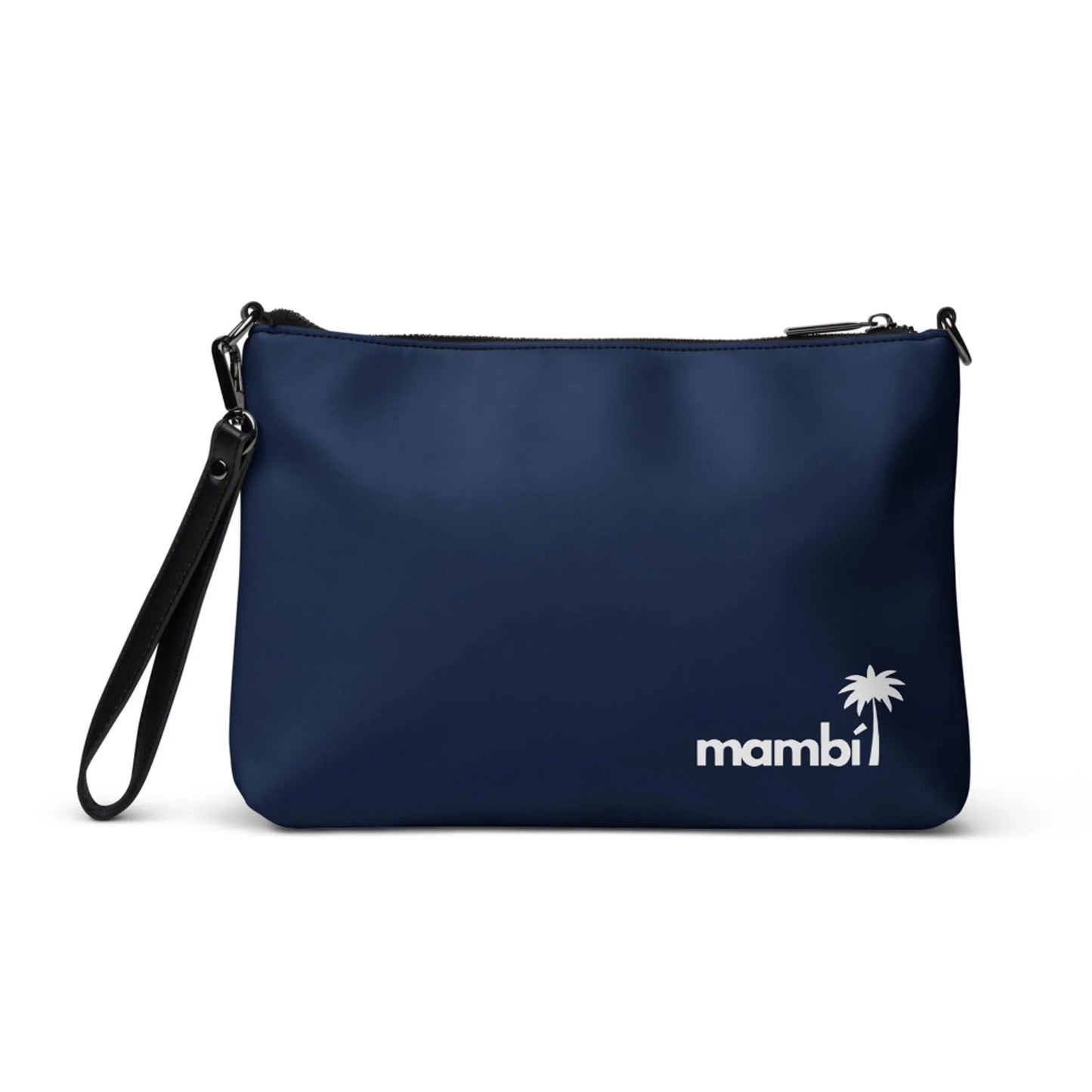 The Blake Crossbody Bag by Printful is a navy blue faux leather purse with a black wrist strap, featuring mambi and a small white palm tree graphic on the bottom right corner.