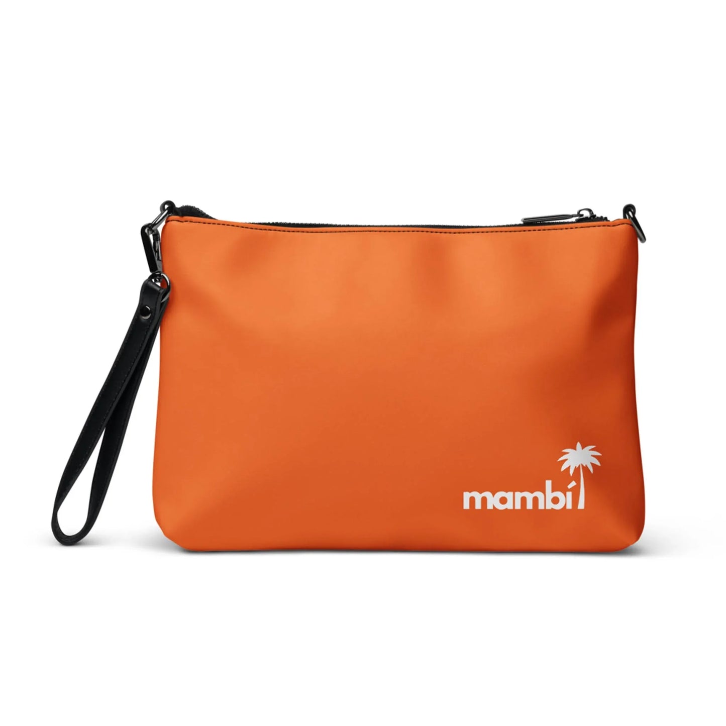 The Blake Crossbody Bag by Printful is an orange zippered pouch crafted from premium faux leather with a black wrist strap, displaying mambi and a white palm tree logo in the lower right corner.