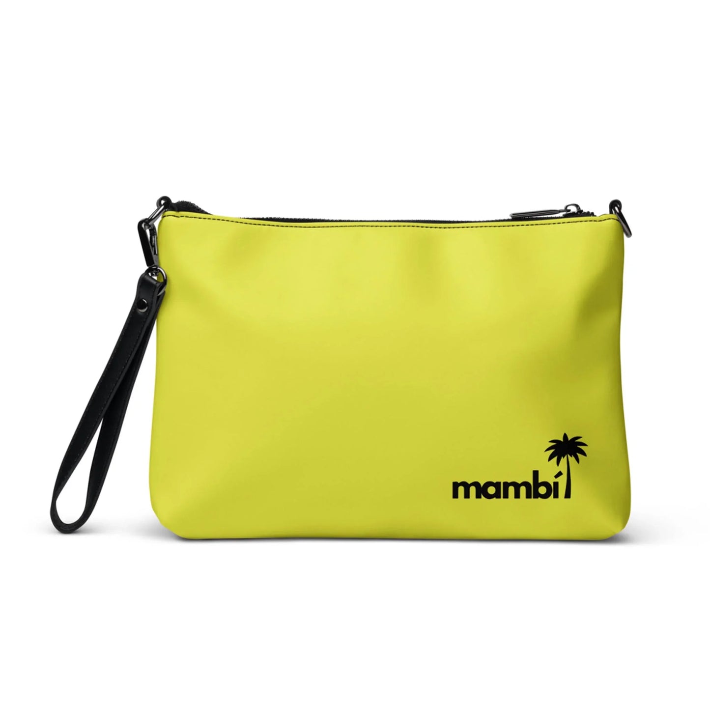 The Blake Crossbody Bag by Printful is a yellow faux leather clutch with a black wrist strap, mambi lettering, and a small black palm tree graphic in the bottom right corner.