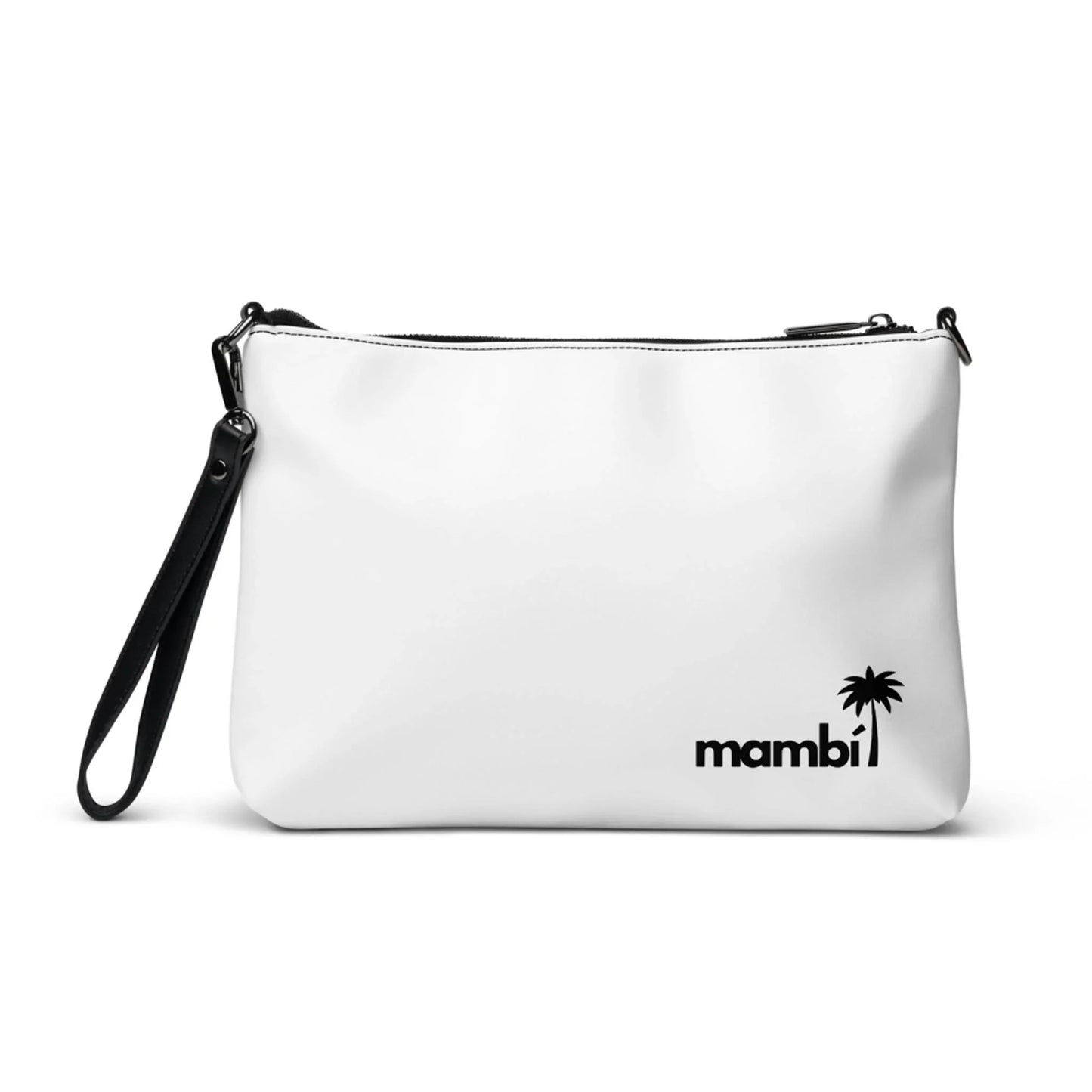 The Blake Crossbody Bag by Printful is a white zippered wristlet made from premium faux leather with a black strap. “mambi” appears in black lowercase on the lower right, topped by a small black palm tree above the last “i”.