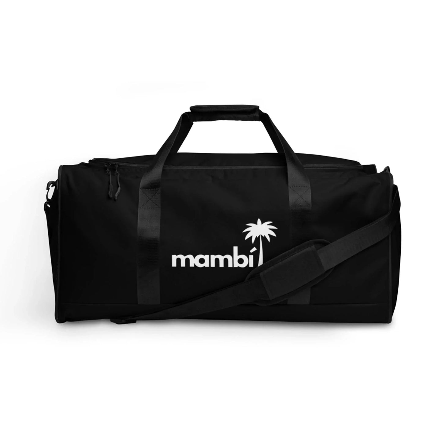 A black duffel bag with black handles and a shoulder strap features the word Mambí and a palm tree logo in white on the side, set against a plain white background.