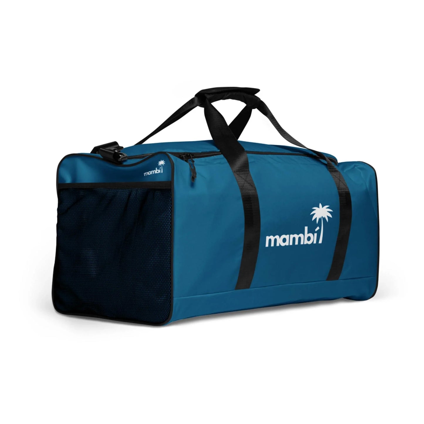 A blue duffel bag with black handles and trim, featuring a side mesh pocket and the word Mambí alongside a white palm tree logo on the side.