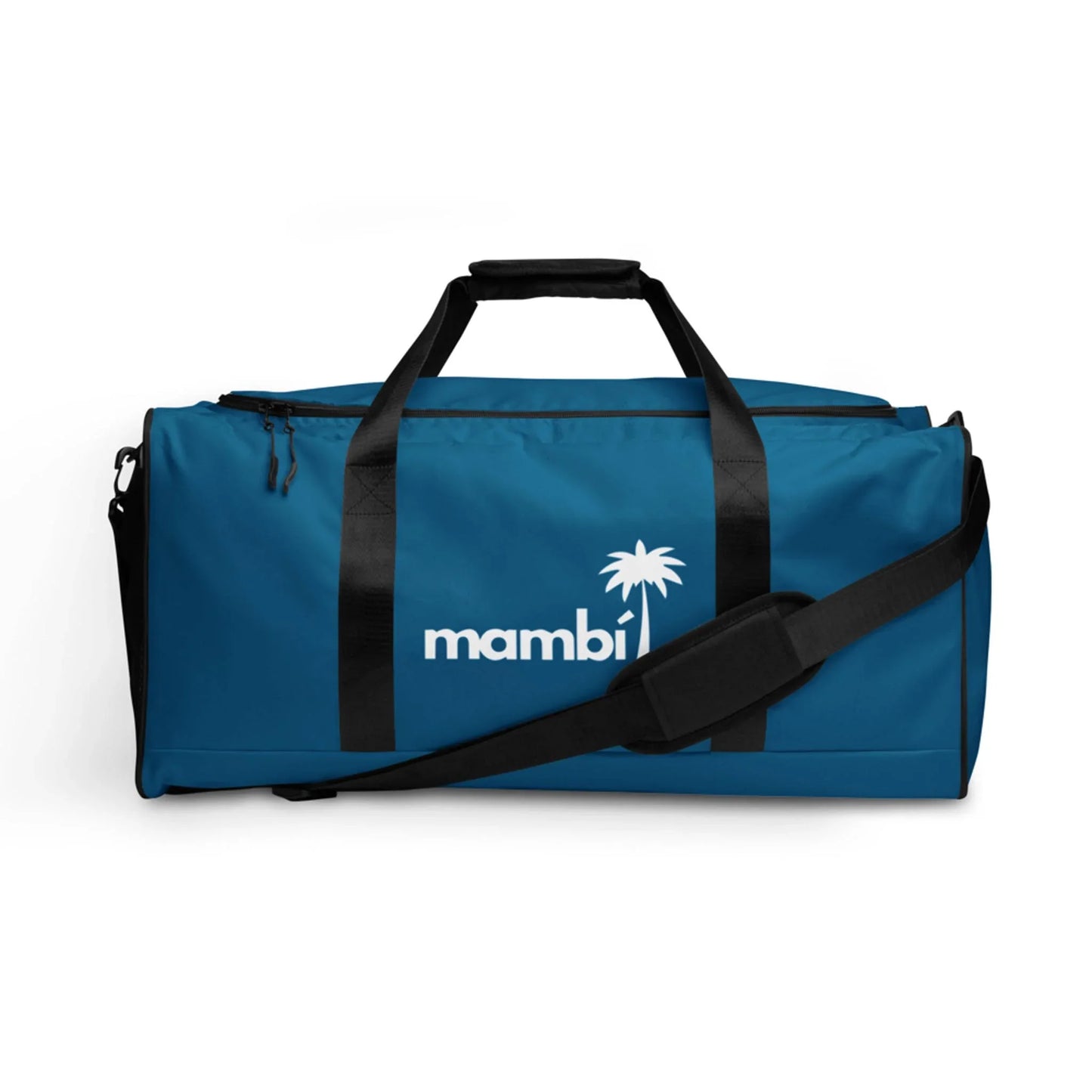 A blue duffel bag with black handles, a shoulder strap, and a zipper. The bag features the word Mambí and a white palm tree logo on the side.