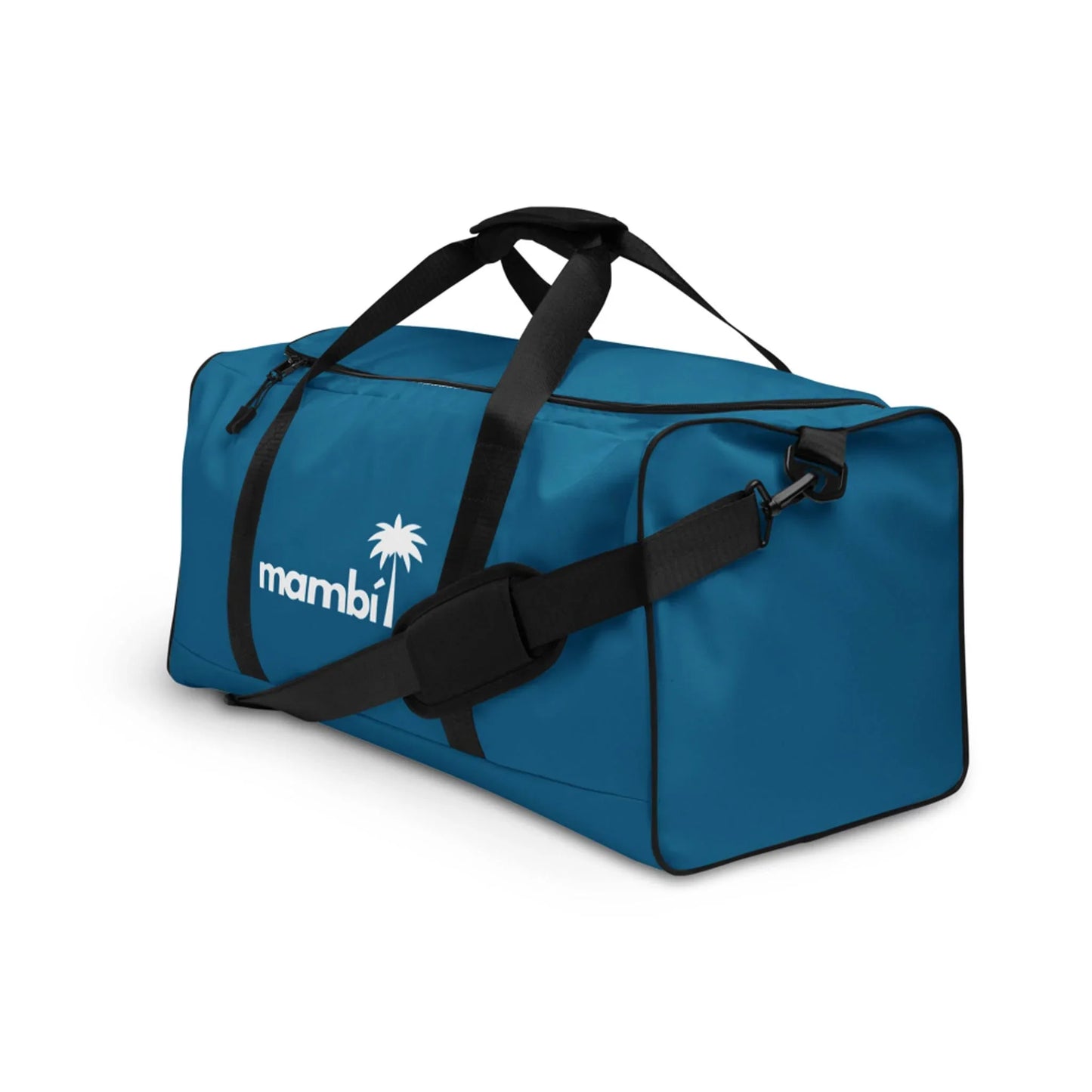 A blue duffel bag with black straps and a shoulder pad. The bag features a white palm tree logo and the word Mambí on the side. The background is plain white.