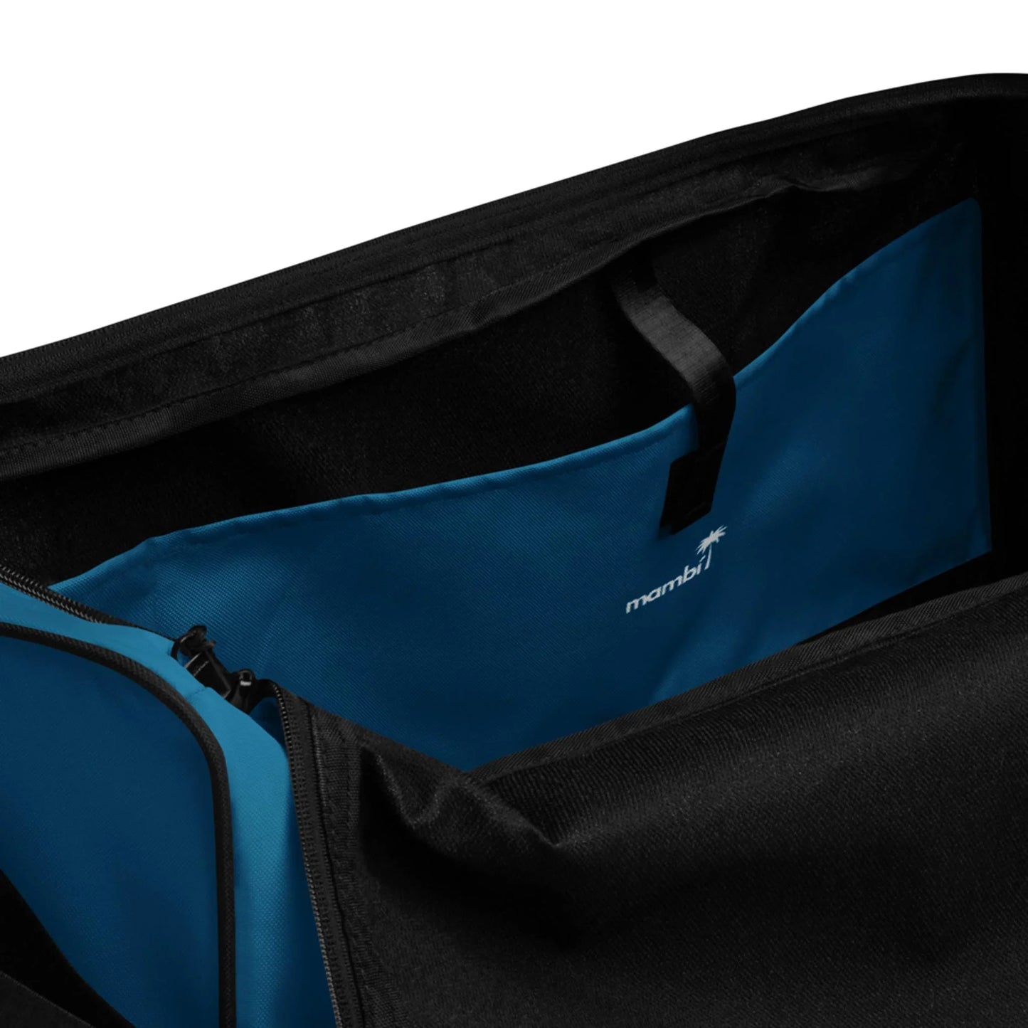 Open black and blue travel bag showing an interior blue pocket with a black strap and a white Mambí logo printed inside.