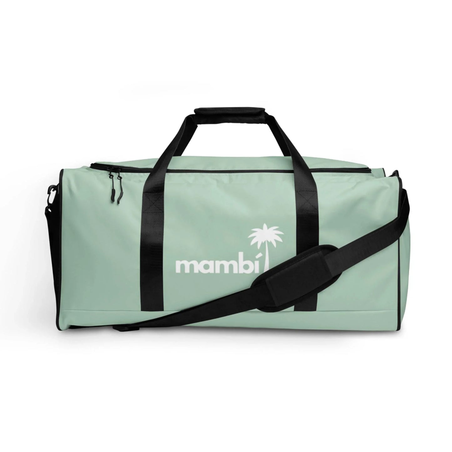A mint green duffel bag with black straps and a shoulder pad. The bag features the word Mambí and a palm tree logo in white on the front.