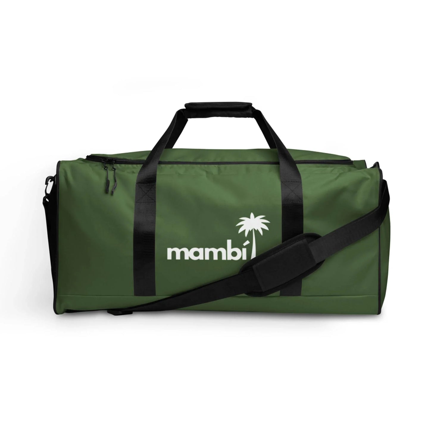 A green Mambí duffel bag with black handles and shoulder strap, featuring the white Mambí logo and a palm tree graphic on the side.