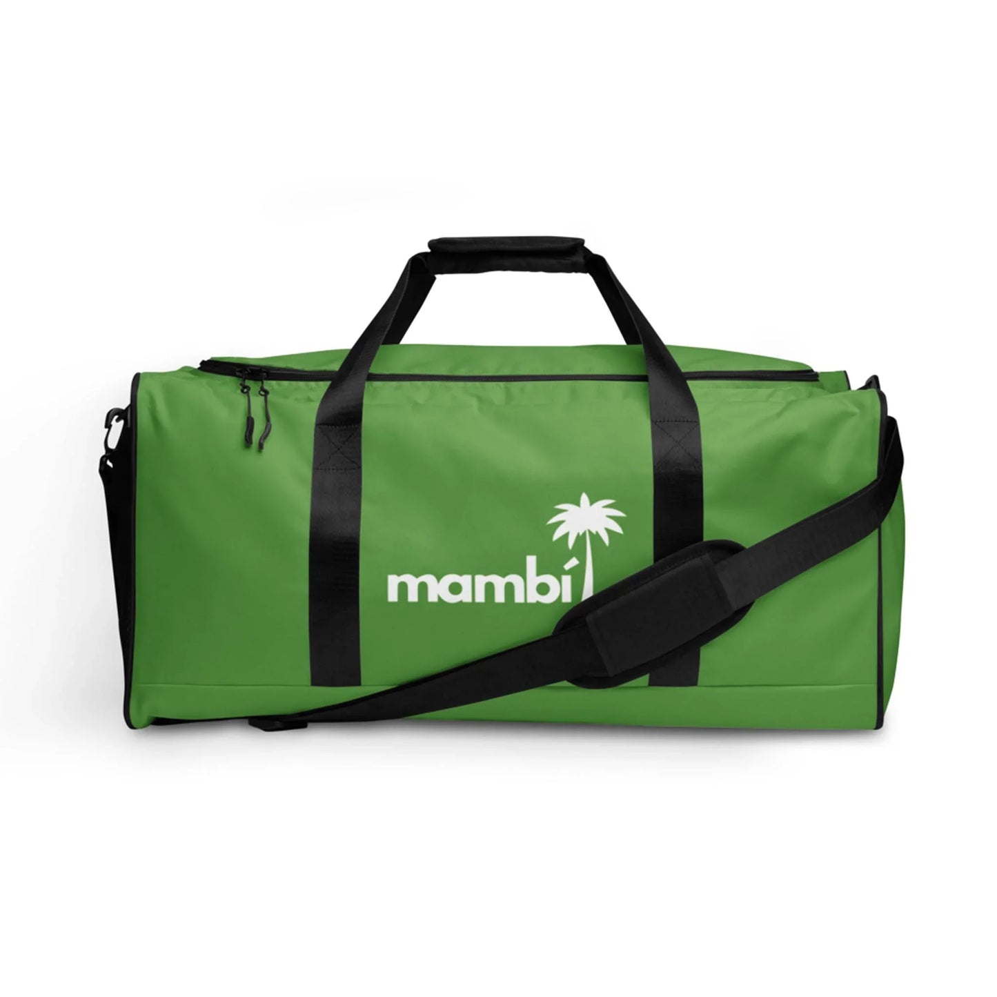 A green duffel bag with black handles and a shoulder strap, featuring the white Mambí logo and a palm tree graphic on the front.