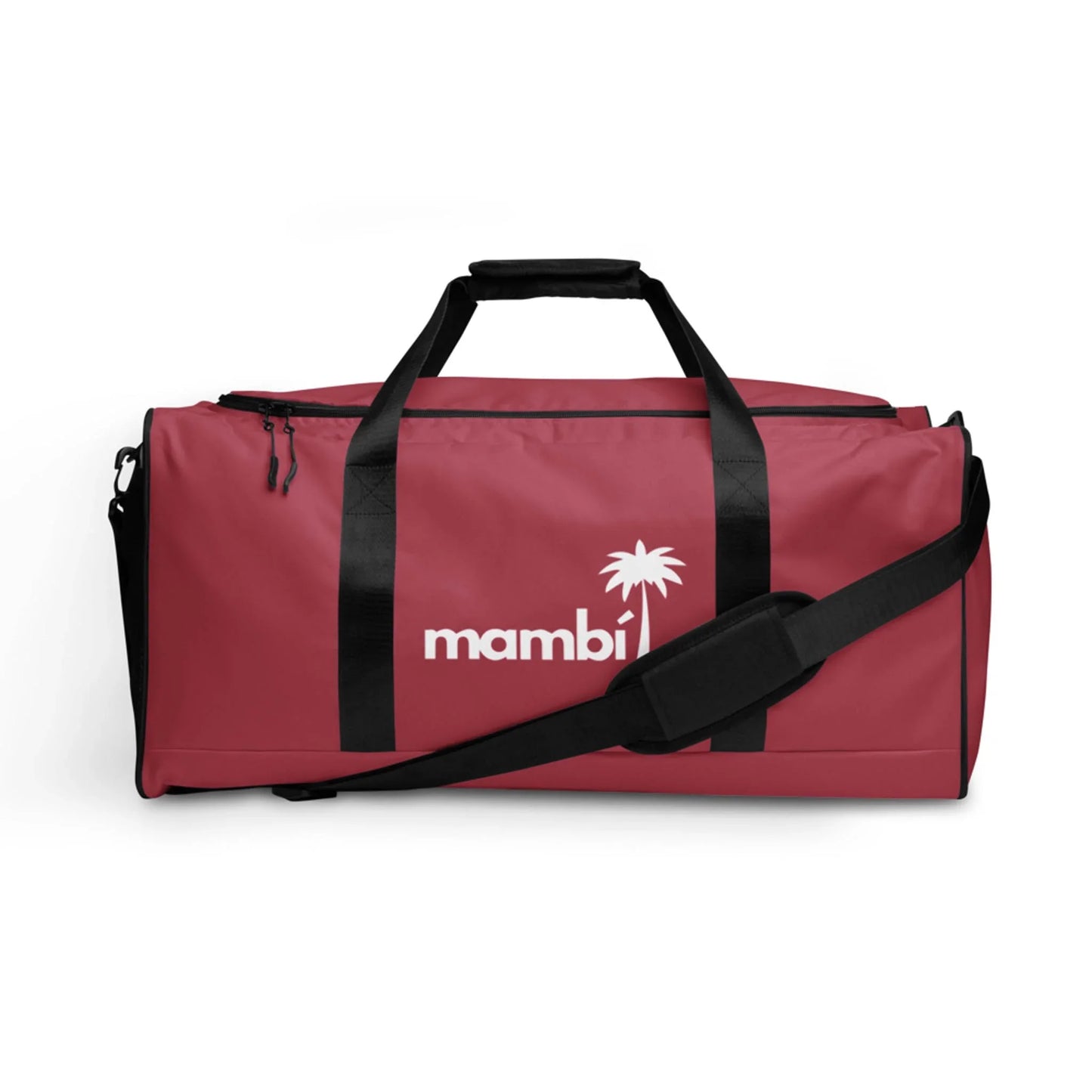 A red Mambí duffel bag with black handles and a shoulder strap, featuring the word “mambi” and a white palm tree graphic on the front.