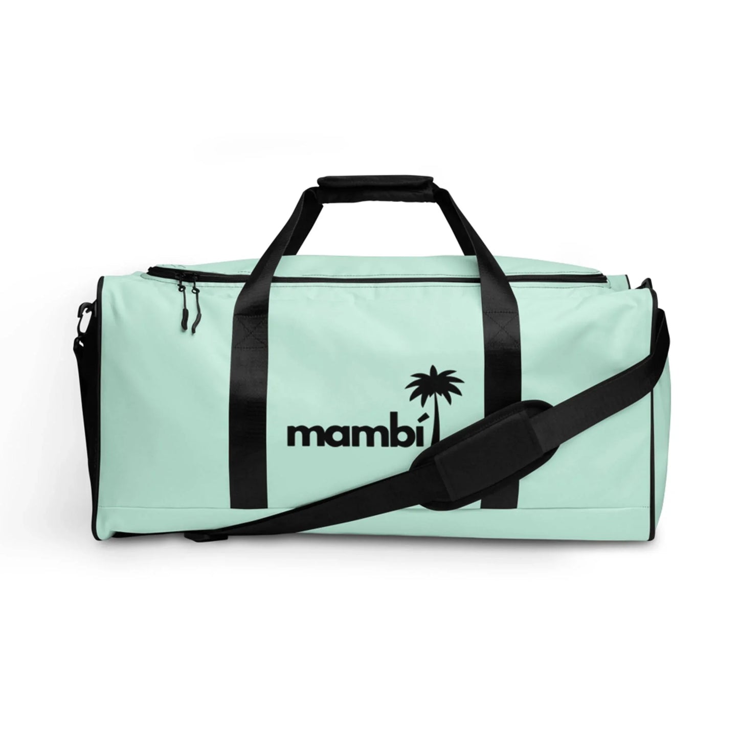 A light turquoise Mambí duffel bag with black handles, a black adjustable shoulder strap, and the word mambi with a palm tree logo printed in black on the front.
