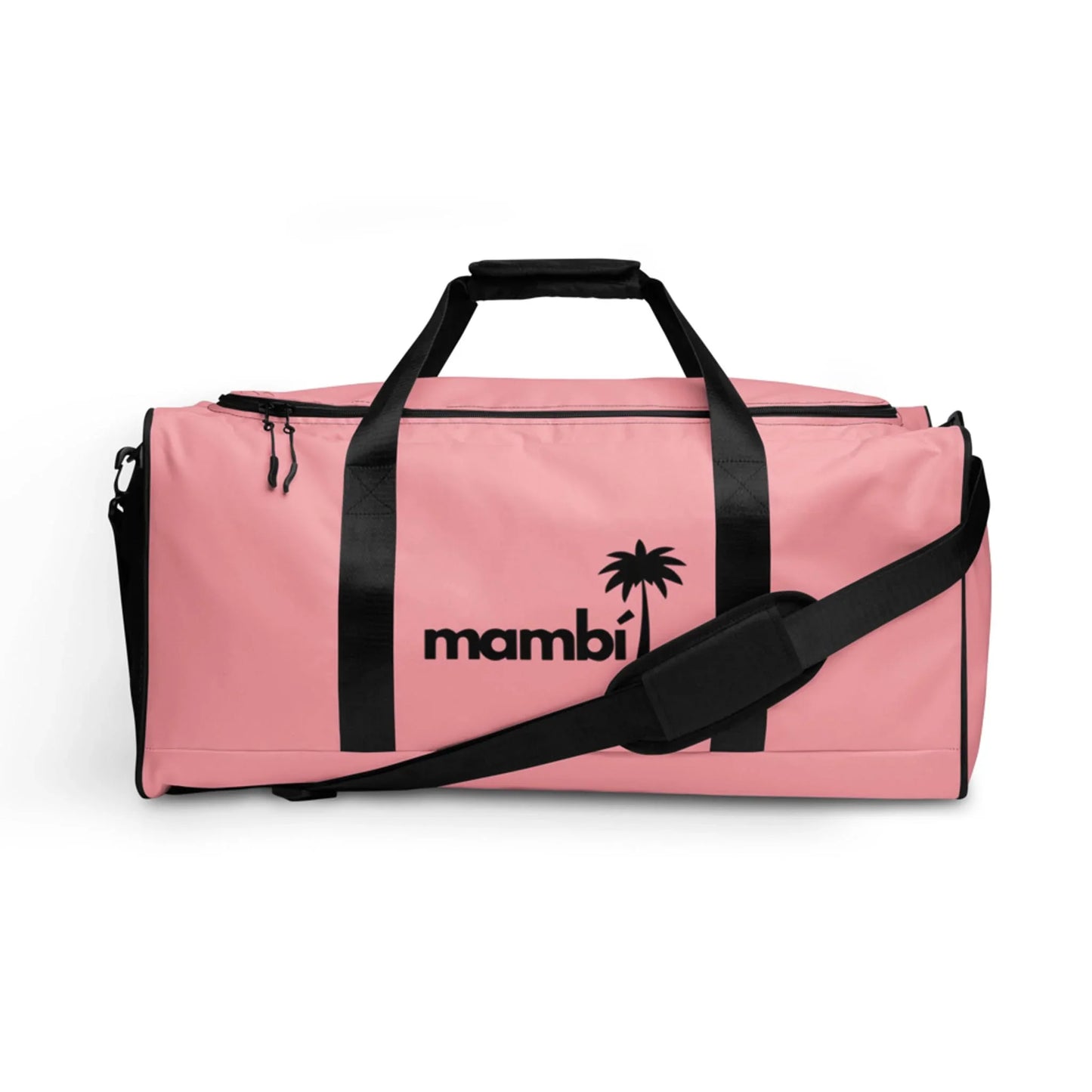 A pink duffel bag with black handles and a shoulder strap. The front showcases Mambí and a palm tree graphic in black.