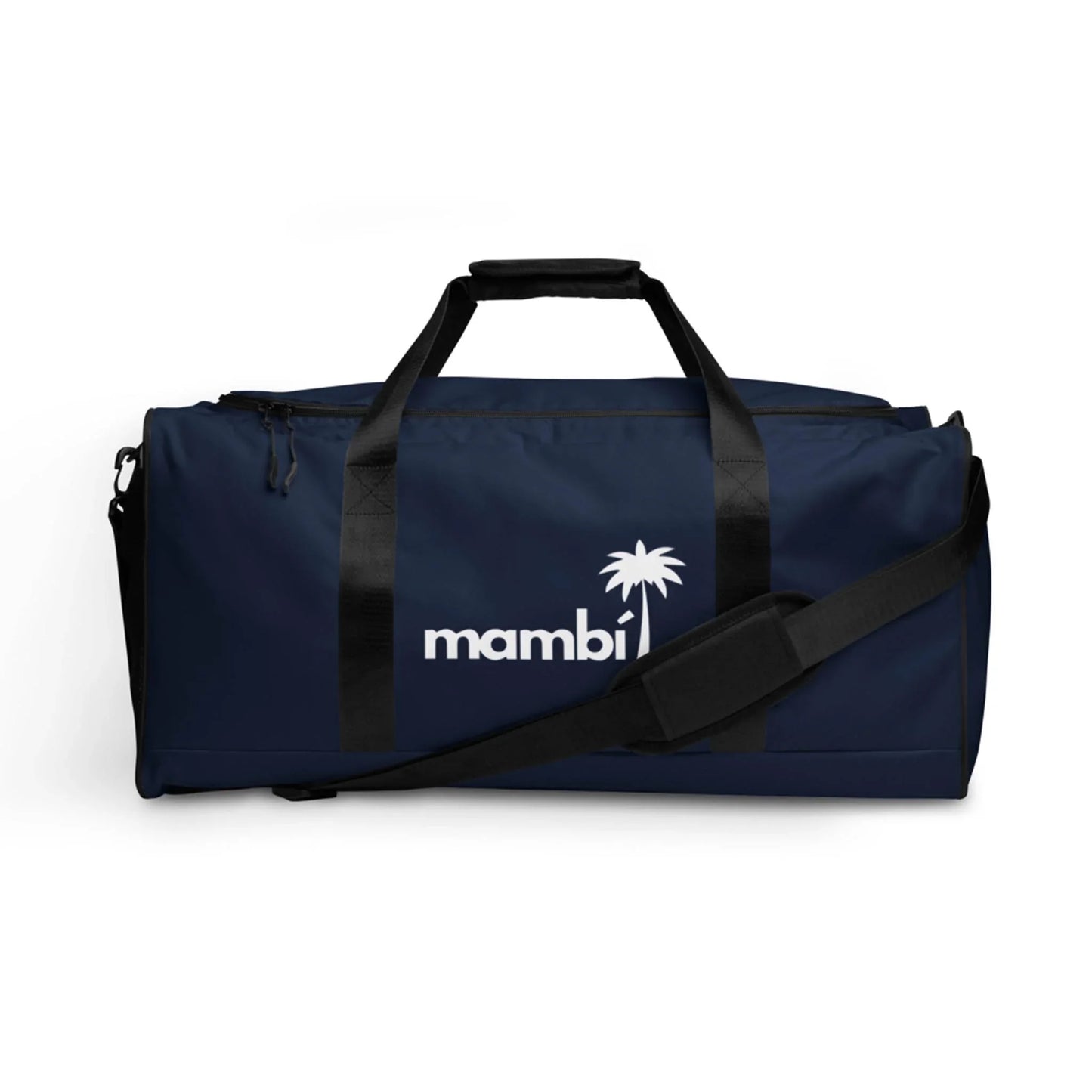 A navy blue duffel bag with black handles and a shoulder strap, featuring the white Mambí logo and a palm tree graphic on the side.