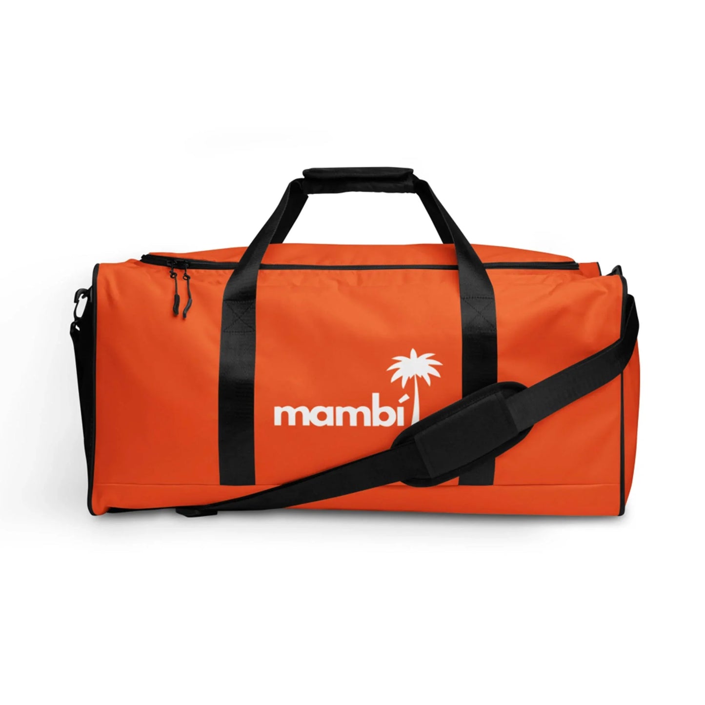 Bright orange Mambí duffel bag with black straps and a shoulder pad, featuring a white Mambí logo and palm tree graphic on the front. The bag stands out against a plain white background.