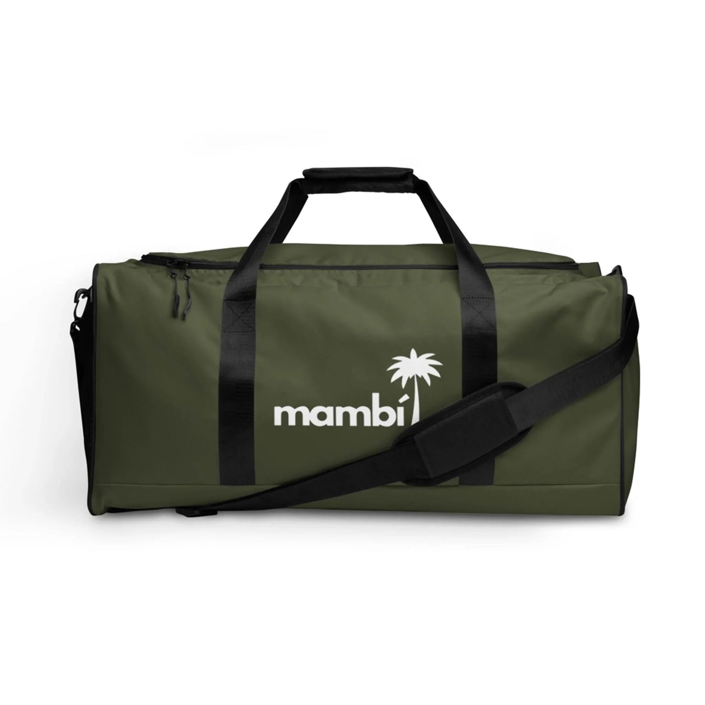Olive green duffel bag with black handles, a shoulder strap, and the Mambí logo in white featuring a palm tree design on the front. The bag is set against a plain white background.