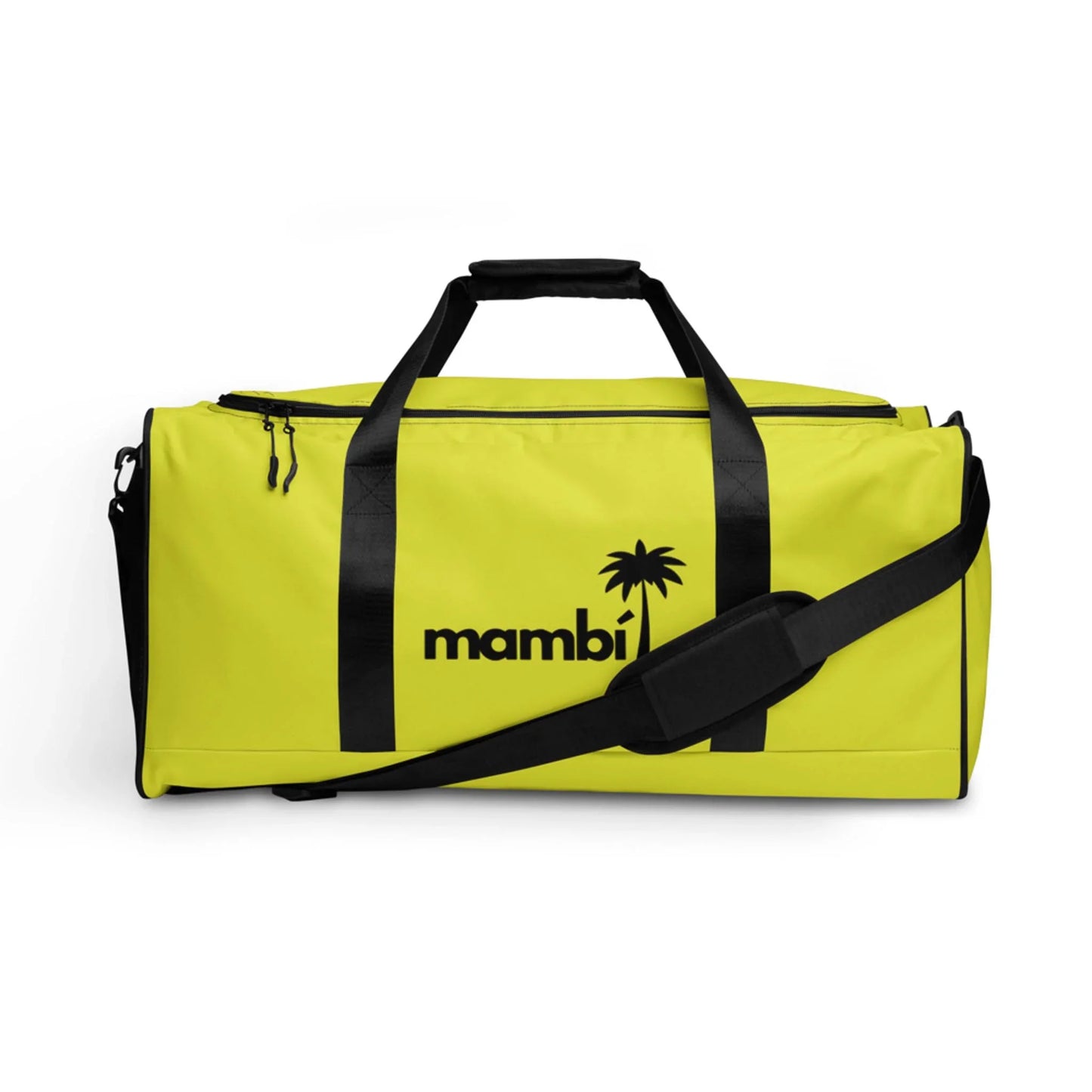 A bright yellow Mambí duffel bag with black handles, a shoulder strap, and a palm tree graphic printed on the side, set against a white background.