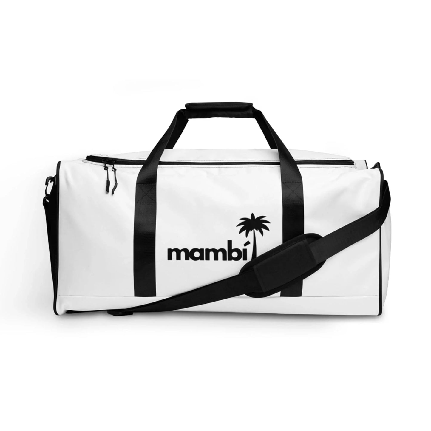 A white duffel bag with black handles and a shoulder strap. The word Mambí and a palm tree logo are stylishly printed in black on the side.