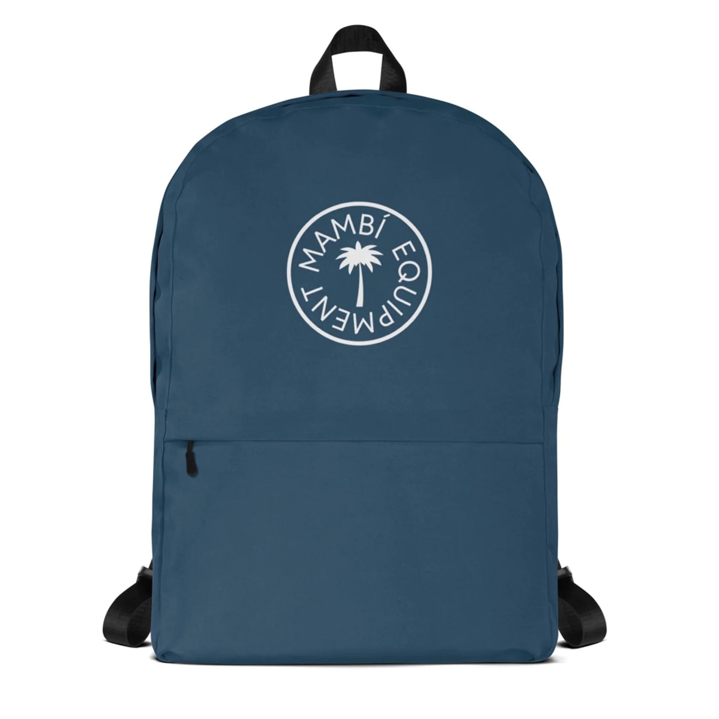 The Printful Boulevard East All-Purpose Backpack in blue features black straps, a front pocket, a circular white logo with a palm tree and “MAMBÍ EQUIPMENT,” plus a hidden back pocket for extra security.