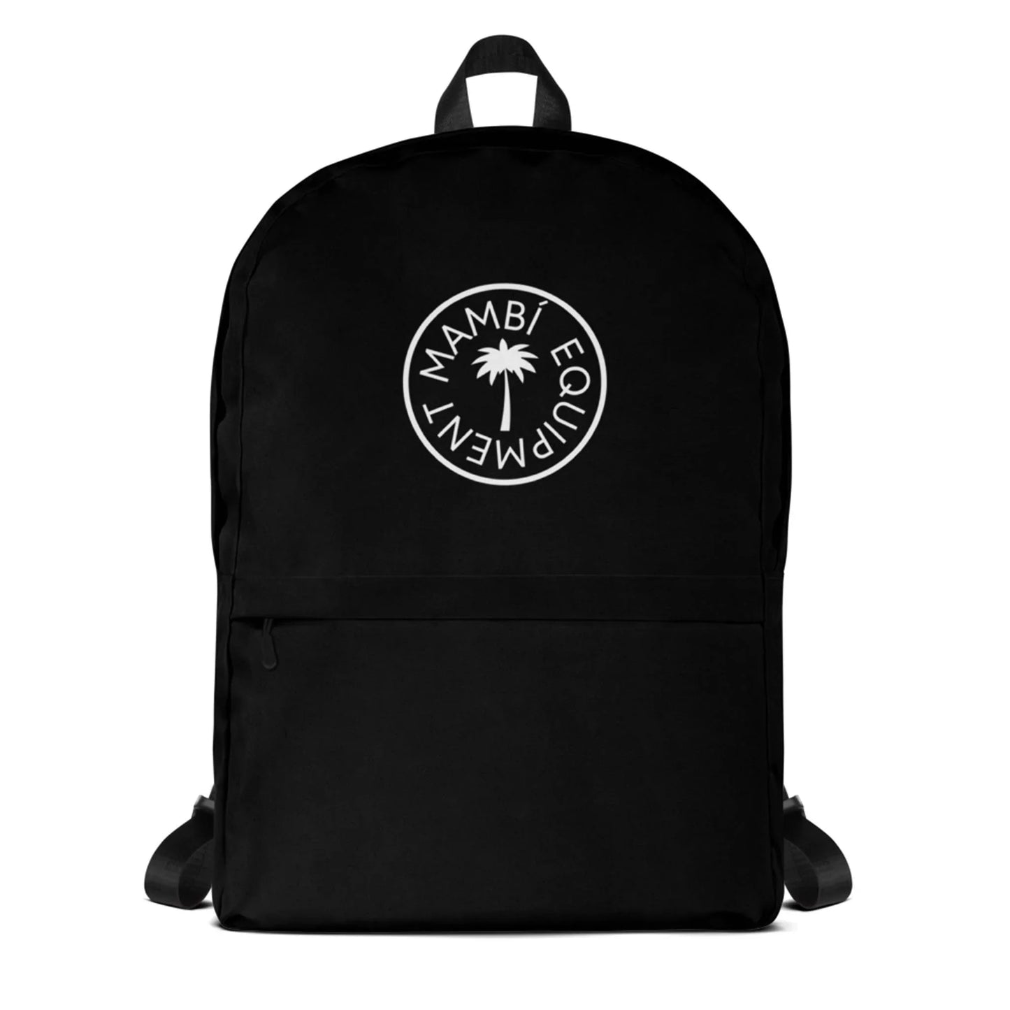 The Boulevard East All-Purpose Backpack by Printful is black with adjustable straps, a white circular MAMBÍ EQUIPMENT palm tree logo on the front, and includes a hidden back pocket for extra security.