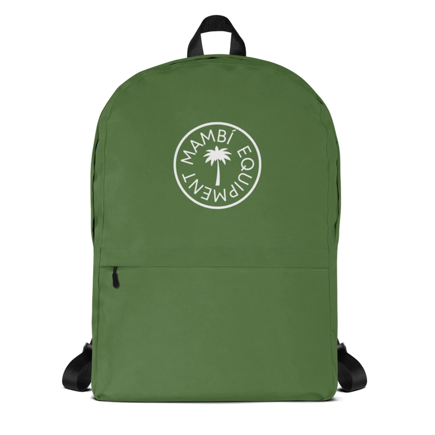 The Boulevard East All-Purpose Backpack by Printful is green with black straps, a front zipper pocket, and a white circular MAMBÍ EQUIPMENT palm tree logo. It also features a hidden back pocket for added security.