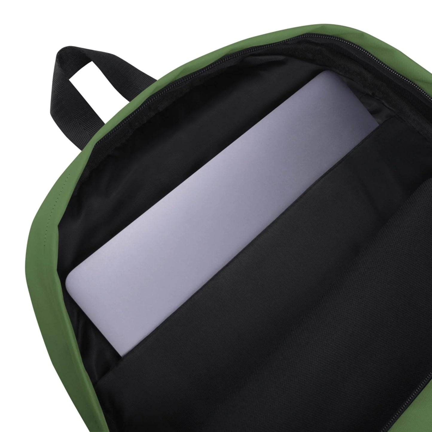 A close-up view shows a laptop partially tucked into the black padded compartment inside the open green Boulevard East All-Purpose Backpack by Printful.