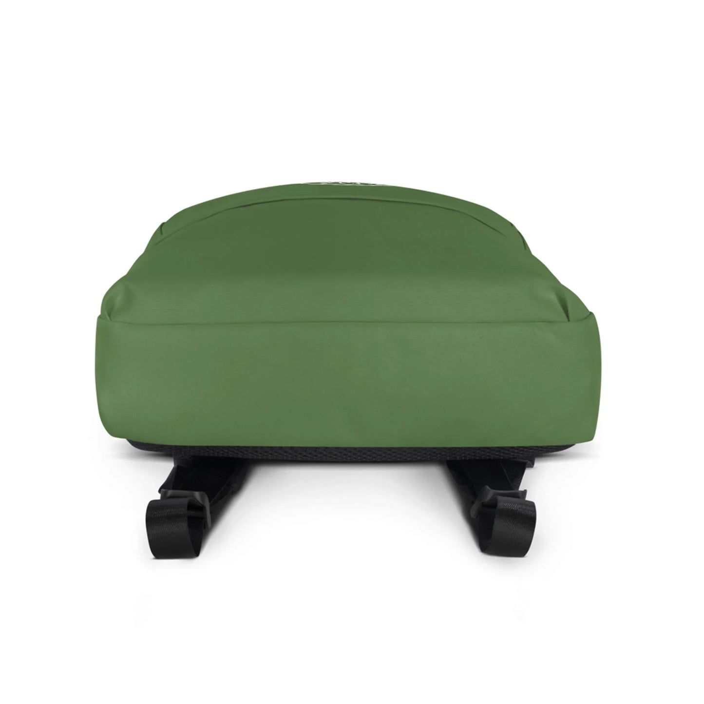 The Printful Boulevard East All-Purpose Backpack in green is shown from the bottom, highlighting its flat base, two black adjustable shoulder straps in front, and a hidden back pocket for convenience.
