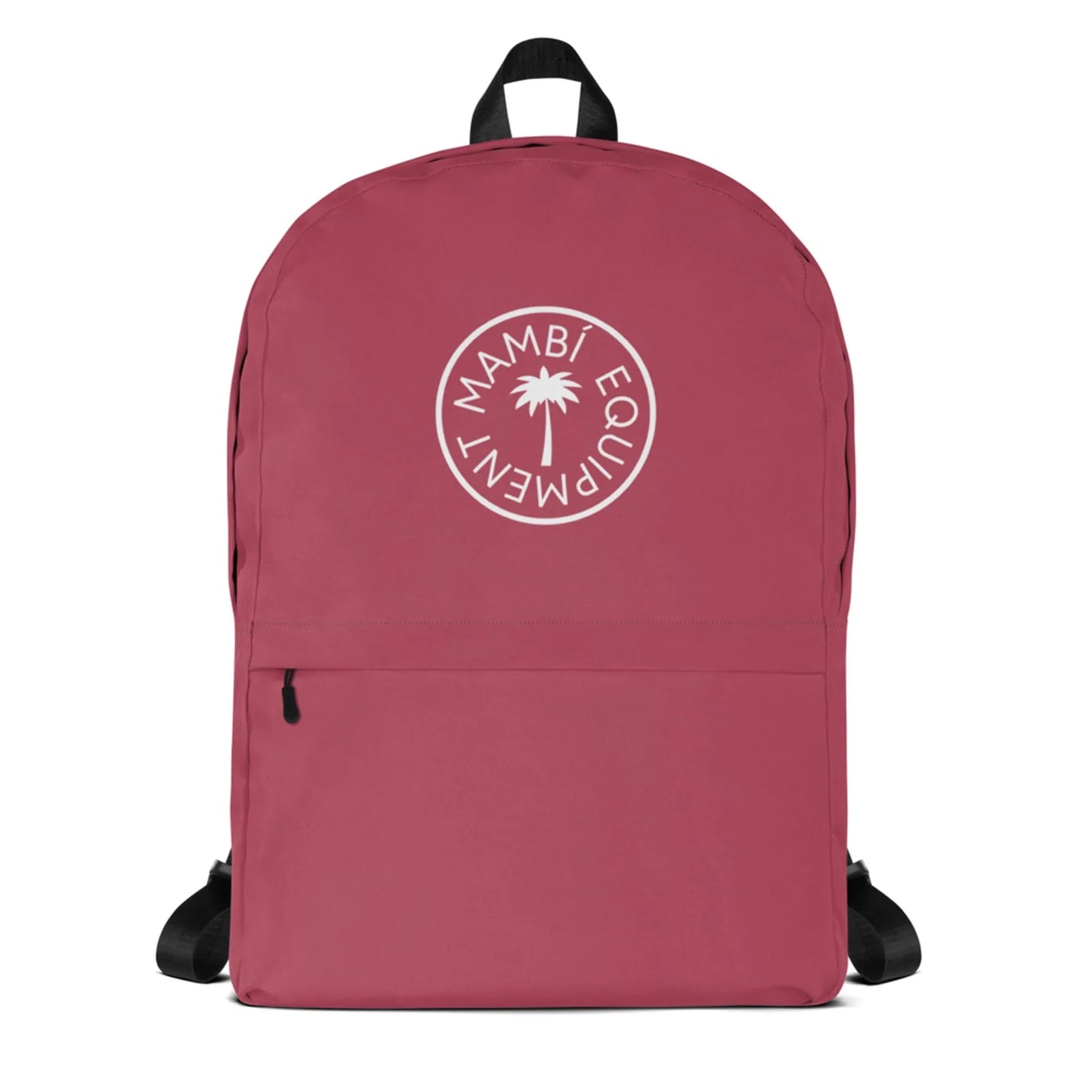 The Boulevard East All-Purpose Backpack by Printful is pink with black straps, featuring a white circular palm tree “MAMBÍ EQUIPMENT” logo on the front and a hidden back pocket for extra convenience.
