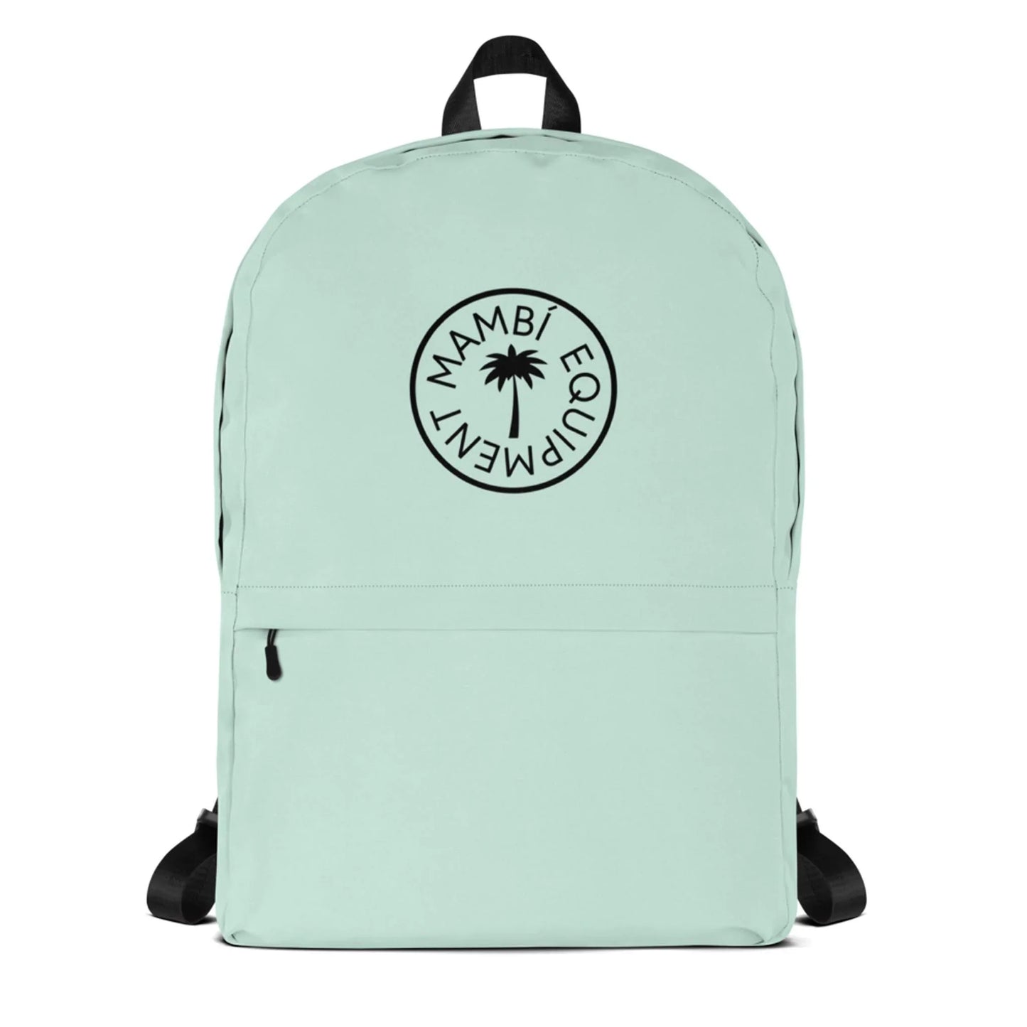 The Boulevard East All-Purpose Backpack by Printful is a light mint green bag with black straps, a circular black logo with a palm tree and MAMBÍ EQUIPMENT on the front, plus front zipper and hidden back pockets for extra security.