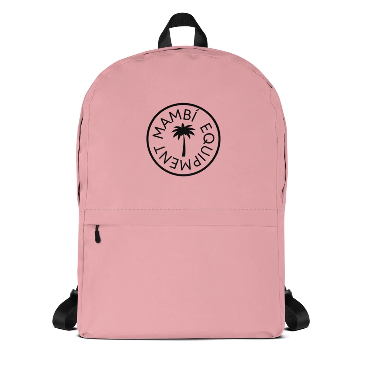 The Boulevard East All-Purpose Backpack by Printful is light pink with black straps, a front zipper pocket, a round black logo featuring a palm tree and MAMBÍ EQUIPMENT, plus a hidden back pocket for added security.