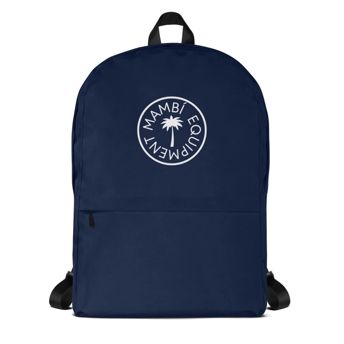 The Boulevard East All-Purpose Backpack by Printful is navy blue with black straps, a circular white MAMBÍ EQUIPMENT palm tree logo on the front, and includes a handy laptop compartment.